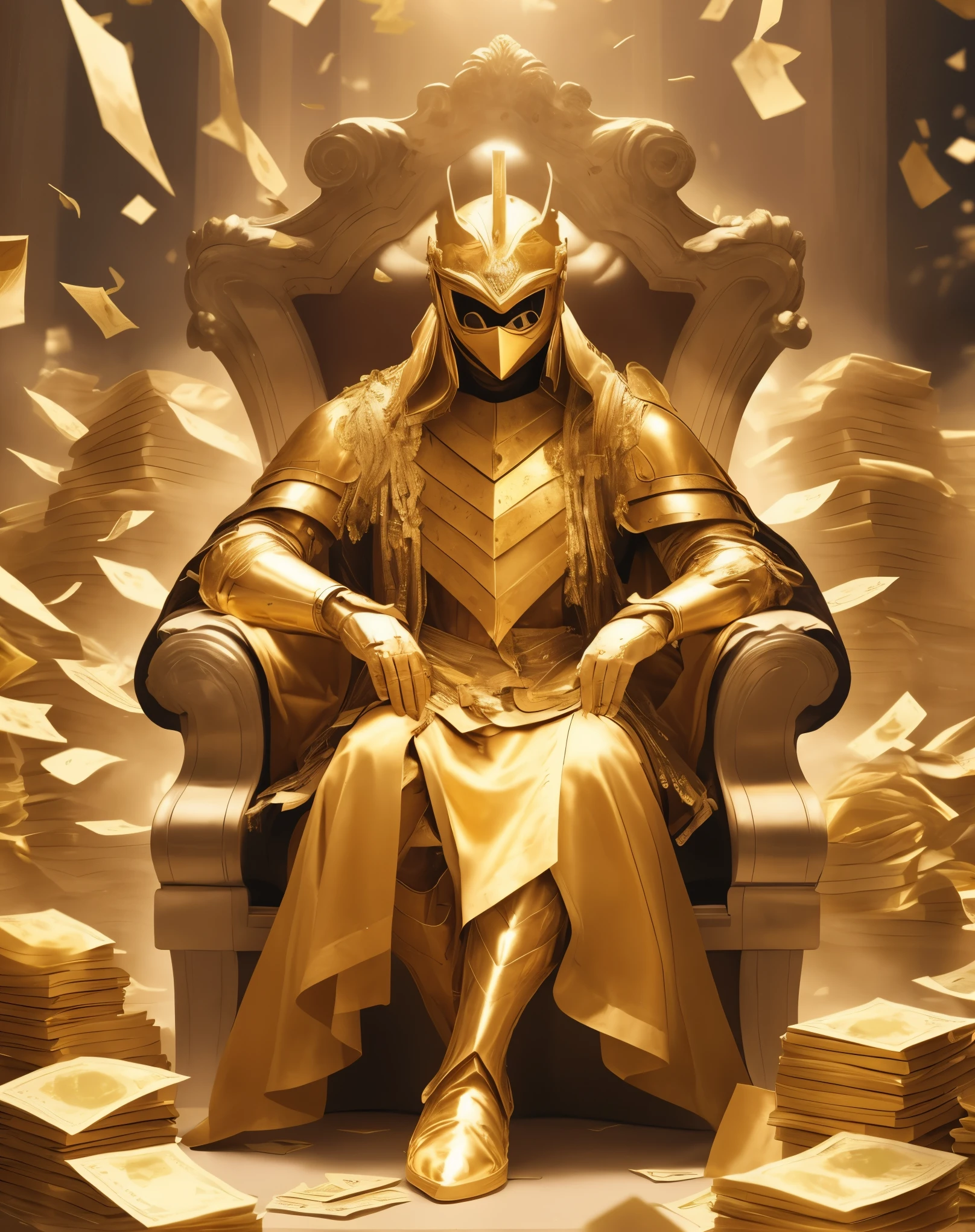 A man wearing armour and a helmet over his face　He was sitting in a gorgeous, huge gold chair with a huge stack of bills on the back、Pocket filled with euros,Dressed in gorgeous golden armor, On the floor full of gold and money bags. Behind him is a museum with a broken glass case.　Her face is hidden by a gorgeous gold mask　And a huge pile of bills is falling　And he&#39;s wearing gold armor all over his body. The gold armor has yellow patterns and diamonds all over it.、With two arms and a golden gauntlet, And with two hands and a lot of money