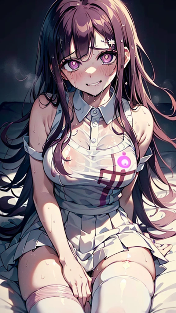 ((mikan tsumiki)),Long Hair,Purple Hair,(Purple eyes:1.3),bangs, blunt bangs,Patsun,((in danganronpa styles:1.4)), shy break (wet and transparent apron), bandageを巻かれた足,bandage,Wet and transparent shirt,wet mini skirt,(wet and transparent pink シャツ),wet pleated skirt, puffy short sleeve,wet puff sleeve,two-tone,wet white shirt,break ((nsfw:1.5)),break ((sitting on the bed:1.2)),(dark bed room),((dark room)),Spread your arms,Sleeveless, (Place your arms behind your head),
break (masterpiece:1.1),(((High resolution:1.3))), Unity 8K Wallpapers,((Highly detailed face:1.2)),(Perfect hands, Perfect Anatomy),embraced,(whirlpool eyes:1.5),((vulgarity ahegao smile:1.5)),(messy hair:1.3),(big eyes:1.4),mental broken,(crazy smile:1.4),(evel grin:1.3),aroused,(ecstasy:1.4),hands own cheek,(((((extremely vulgarity:1.5))))),(disappear),((white heavy breathing:1.4)),(white thin steam:1.3),((bold seductive:1.3)),((Clothes see-through due to sweat:1.3)),(orgasm:1.3),(vulgarity face:1.2),(pupils facing upwards:1.4),(blush:1.4),(pussy juice:1.3),(peel the whites of the eyes:1.2),(pink glowing eyes:1.1),((pupils with many circles:1.5)),((drooling:1.4)),(open leg:1.4),((dynamic convulsions:1.4)),((white thin fog:1.3)),(Clothes are transparent:1.1),((wetting wear:1.1)),(sweaty:1.3)