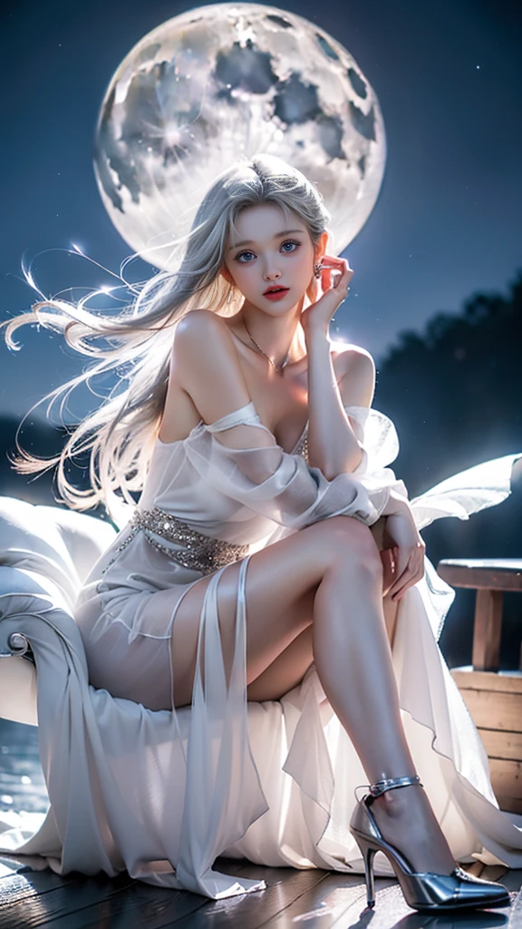 Nice girl、Ann、16 years old、whole body、8Head to Body、Glass High Heels、double eyelid、Droopy eyes、Very big eyes、eye shadow、 Very detailed 、 Gentle expression 、smile、attractive appearance、、Thin lips ,beautiful long nose、Small nose tip(Highest quality real texture skin),Abysmal features,(Silver Hair:1.5),(Dramatic Photos:1.4),(Hair floating in the air:1.5),(Nice views),Spectacular realism,,(High-density image review:1.5),(Soft colors:1.2),Super detailed,Dramatic Light,(Intricate details:1.1),Complex background,8k、Actual photo、Ultra-high resolution, Master Parts, highest quality,、Very beautiful woman、long supple legs、 Very sharp shadows , jewelry , sexy , fine grain, extremely difficult, Glowing Skin , Perfect and wonderful Ann, Dramatic Shadows ,Gold tiara on the head、See-through white dress with gold embroidery