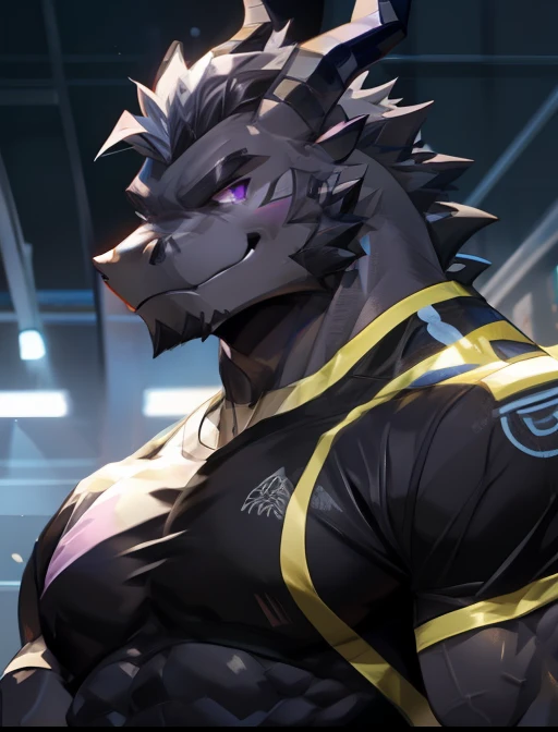 Masterpiece, Solo, (Black dragon, Purple eyes, Medium gray hair, Medium facial gray hair A Pair of black horns) Muscular Body, Handsome, Good Looking, Adult, Fierce, Smirking, gym outfit, gym furry background