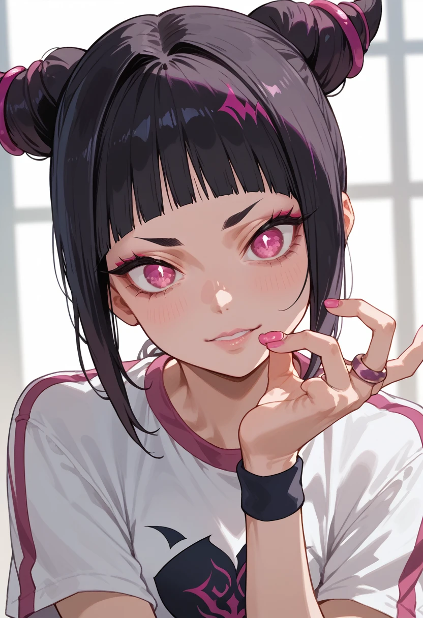 (masterpiece), best quality, expressive eyes, perfect face, juri han, bangs, purple eyes, hair horns, black hair, black bikini , Pink eyes, Light skin, pink nails, hair with two high buns, black hair, hair decorated with pink rings, schoolar gym uniform, withe tshirt, blue buruma 