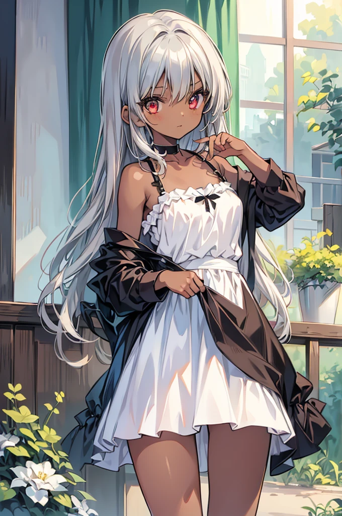 Boyish Girl　Silver Hair　Red eyes　Brown skin　Beauty　Anime Girl　White dress　Sexy　18 years old,Tanned brown skin,Dark Skin Tone,Black underwear,I can see right through it