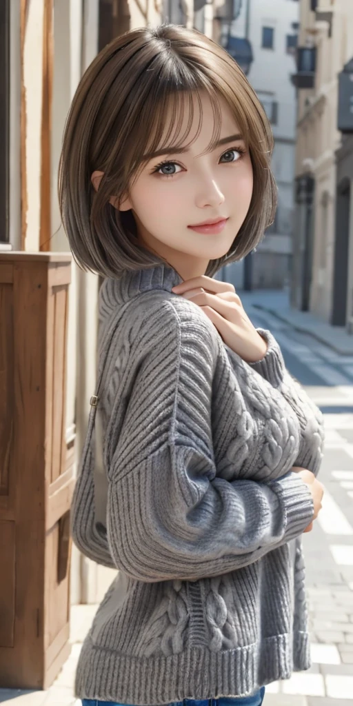 full body, (turtleneck cable knit oversized sweater dress:1.2), wool, 1girl,solo,
(8k, RAW photo, best quality, masterpiece:1.3),(realistic, photo-realistic:1.37),realistic skin texture,(photorealistic:1.3),(hyperrealistic:1.2), (short hair:1.4) , leaning forward, (light-grey colored clothes:1.7), (silver hair:1.4)