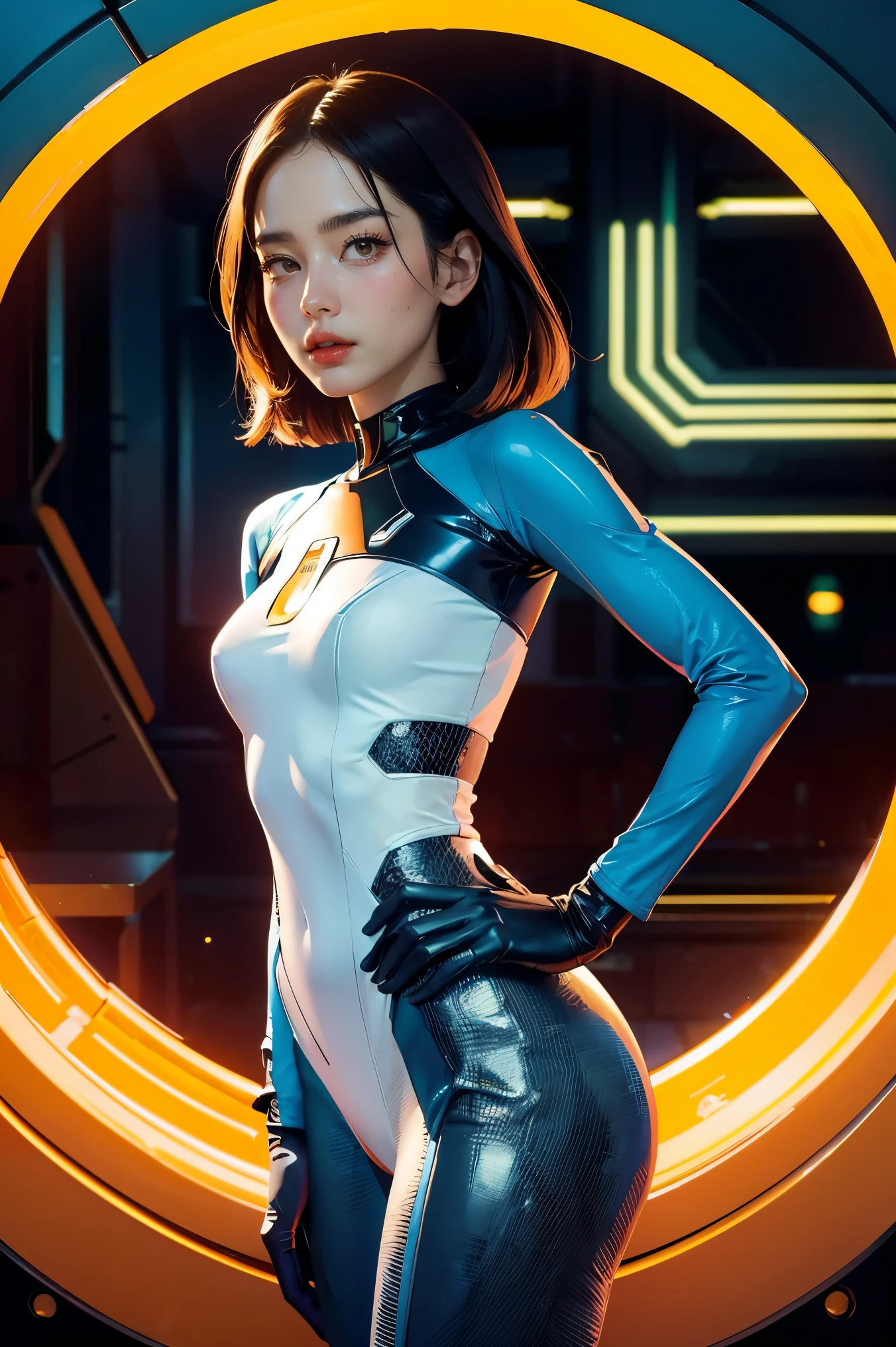 a woman in a futuristic suit with a spaceship in the background, movie art, in front of an orange background, inspired by Robert McGinnis, female protagonist, megastructure in the background, portrait of an AI astronaut, astronauts, an astronaut, portrait of a astronaut Skeletor, perfect android girl, ((Marvel's Fantastic Four suit)), (Retro Futuristic theme:1.3), blue and white suit, black gloves,