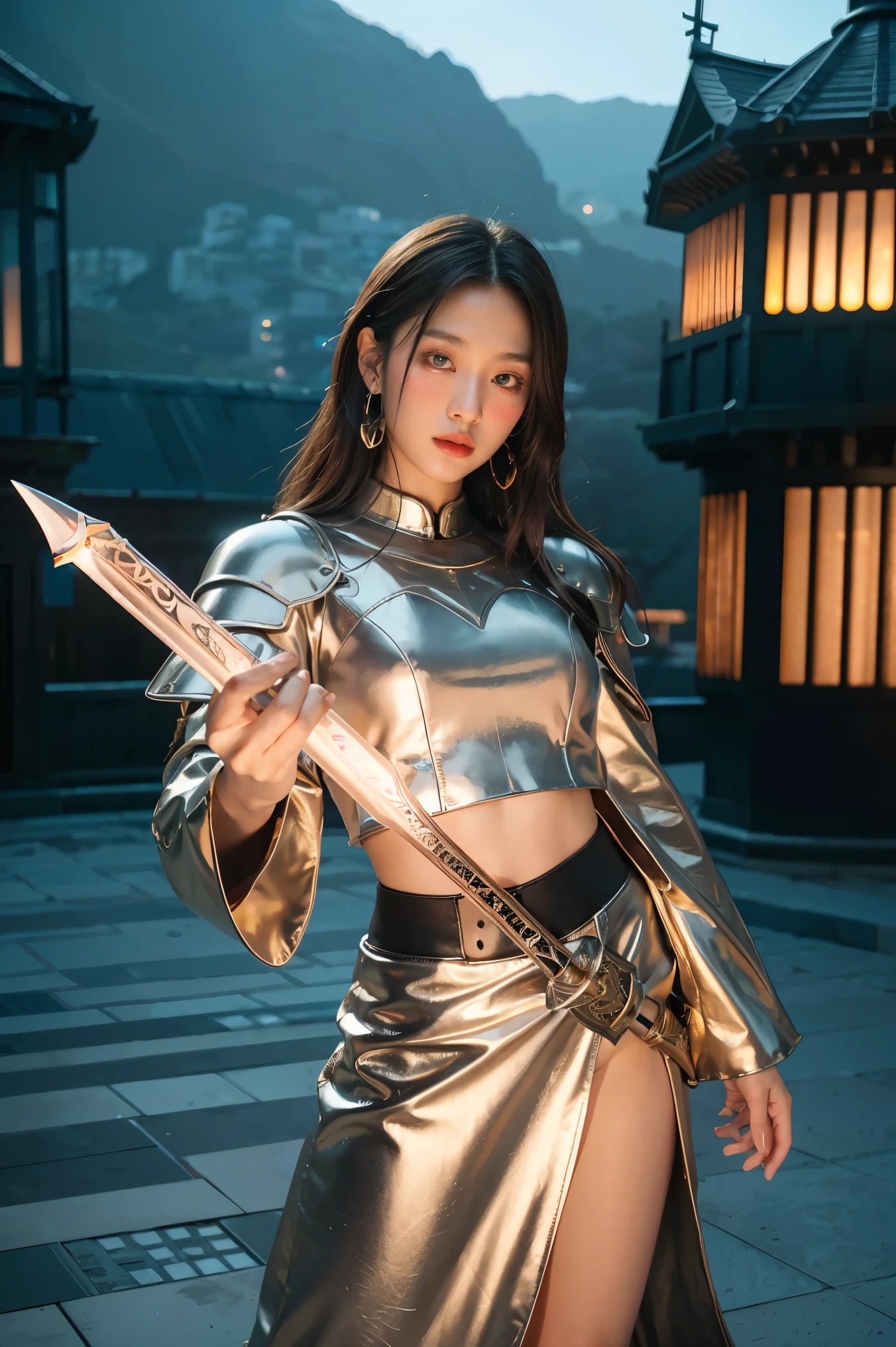 (masterpiece, best quality), A paladin holding a light-infused sword, light magic, divine, magewave, silver and gold, 4k, dark cityscape, Fujifilm