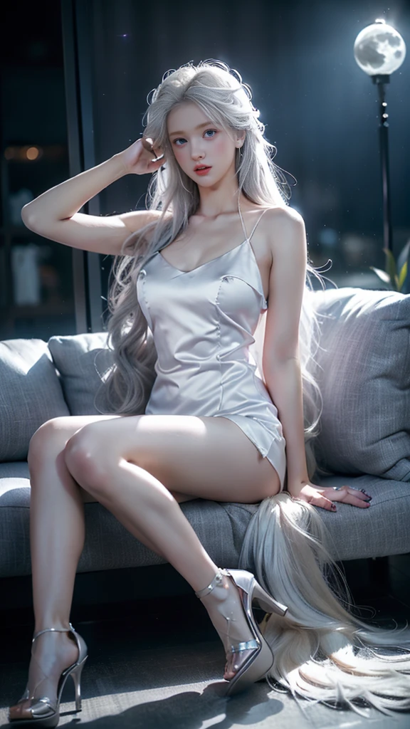Silver Hair,Long hair,Animal ears,Long legs,Silver cotton robe,Long tiger tail,8k ultra high definition,Beautiful details,Perfect light and shadow