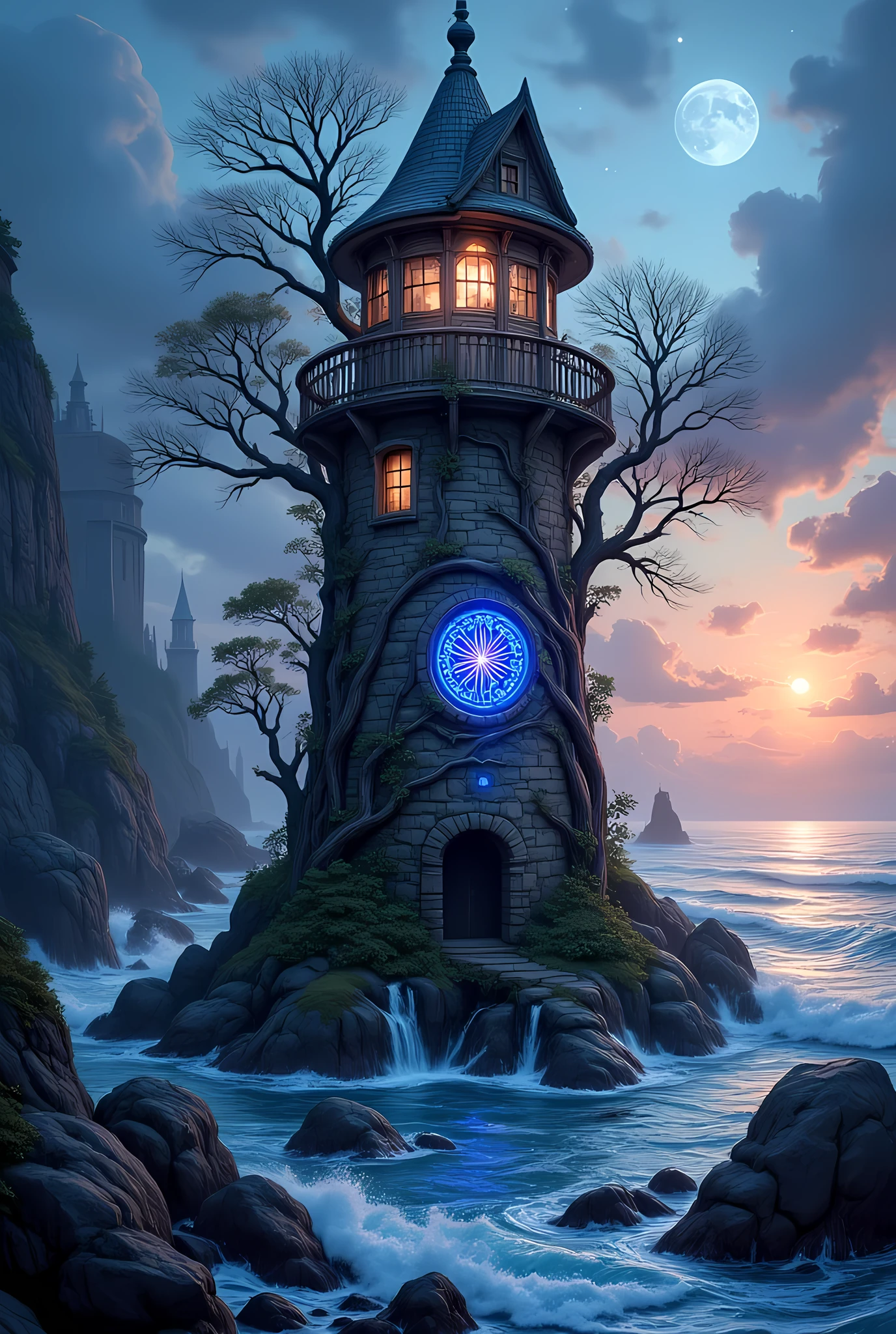 there is a magical lighthouse in built by the elves, it is standing in the sea part of the wall surrounding the city of elves, it is made by tree and has vines climbing its walls. Elven architecture, there are some magical runes on the lighthouse, the runes are blue and purple, the top of the lighthouse sends a beacon of light into the sea, its is sunset, the moon is rising and there are some stars, fantasy art, high fantasy art, magical art, hyp3rd3tail style, 