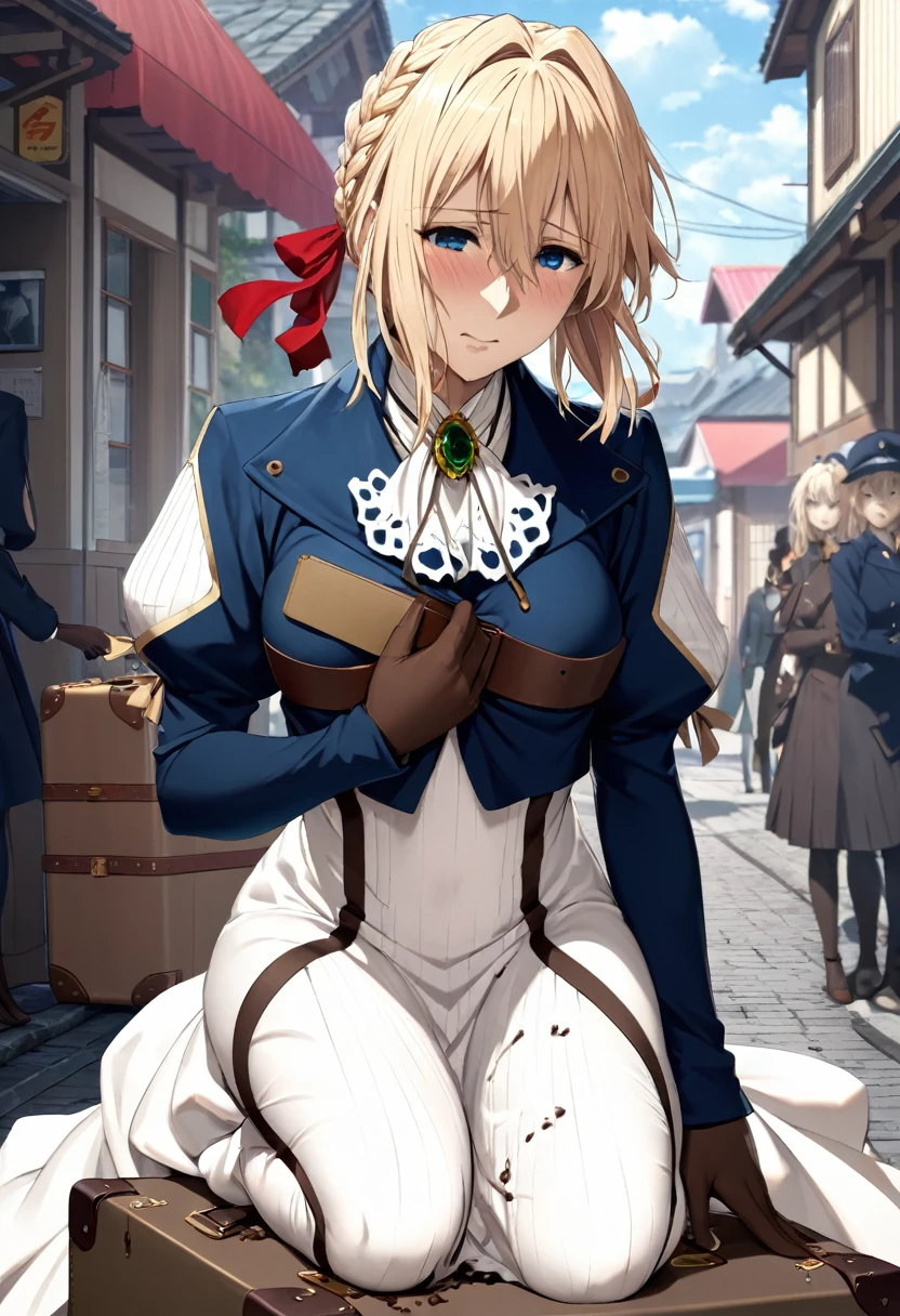 best quality, ultra-detailed, high resolution, extremely detailed cg, unity 8k wallpaper, masterpiece, 
best quality, ultra-detailed, high resolution, extremely detailed cg, unity 8k wallpaper, masterpiece,masterpiece, highest quality, High resolution, violet evergarden, Braid, hair ribbon, red ribbon, jewelry, white ascot, brooch, blue jacket, long sleeve, brown gloves, white dress, long dress, nipple cutout ,1 suitcase,
Scat Girl, Poop excretion, Poop in the hair, poop on the face , Japan beautiful girl in a skimpy costume, in a street , Seen by many people , Body covered with poop, 
defecate on the body, a lot of poop on the body, stuffed with poop, 
unclean, naughty expression, High quality, big areola, 
crouching down, exposure, Dark armpit hair, 
Sensually, The sheen, 
embarrassed,shed tears