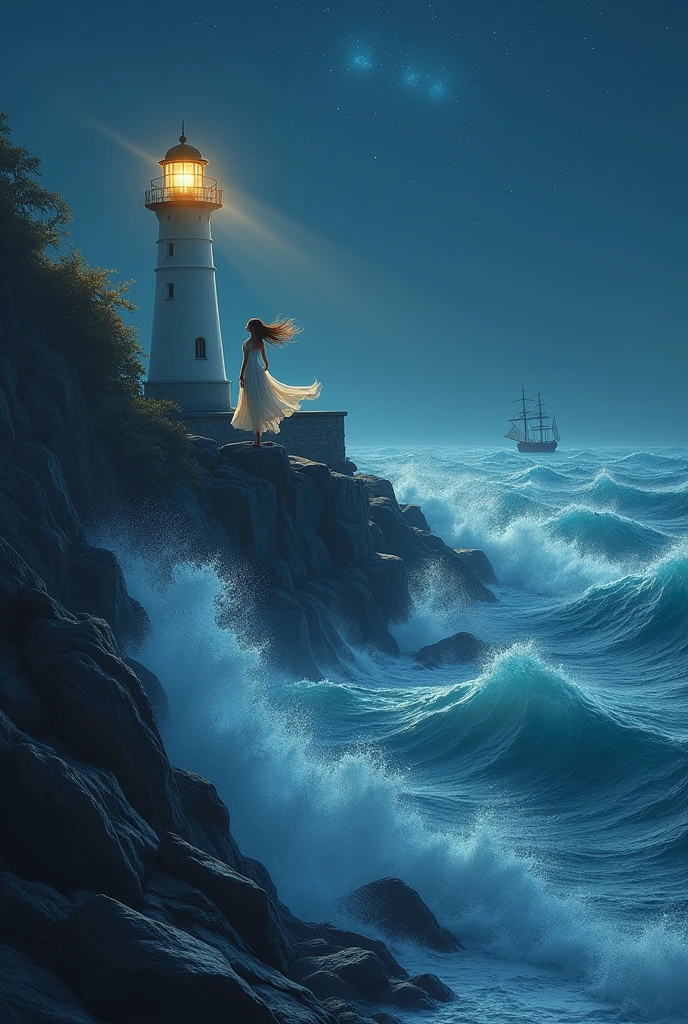 On the Rock Where the Waves Rage There Stands One Beautiful Girl at the Lighthouse Her Hair is Waving in the Wind, Night, stars in the sky, The Lighthouse Shines a Bright Light into the Far Sea, Sea waves crash against the Rocks, masterpiece, of the highest quality, 8 k, Cinema Style,