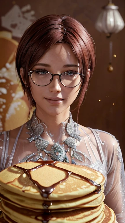 portrait, close-up, upper body. Short, red hair, green eyes, glasses with metal frames, green nightgown, joyful smile, cheerful girl . (masterpiece, top quality, best quality, official art, beautiful and aesthetically pleasing:1.2), extremely detailed,(fractal art:1.2),Colorful,The most detailed, (dynamic pose), (pancakes background:1.5), (Lots of pancakes:1.4). ((SPLIT. Skin texture, shiny skin. elegance. photorealism. unreal engine. 3D model. Ultra high quality textures. high detail. permission 8k))