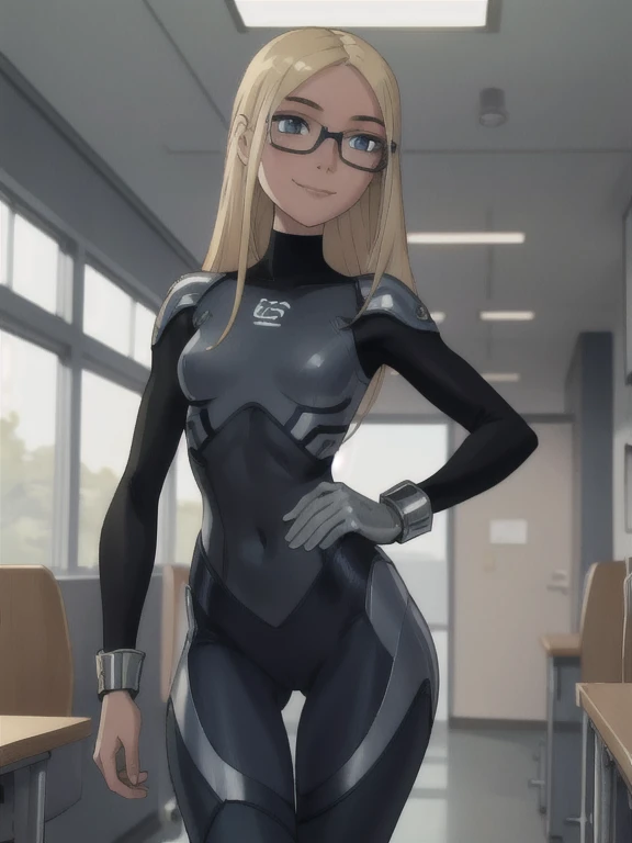 valeria richards, light blonde,smile, masterpiece, best quality, HDR, petite,skinny abs,ribs,bubblebutt,thin waist,thigh gap,wearing glasses, university lecture hall background,blue skin tight tights