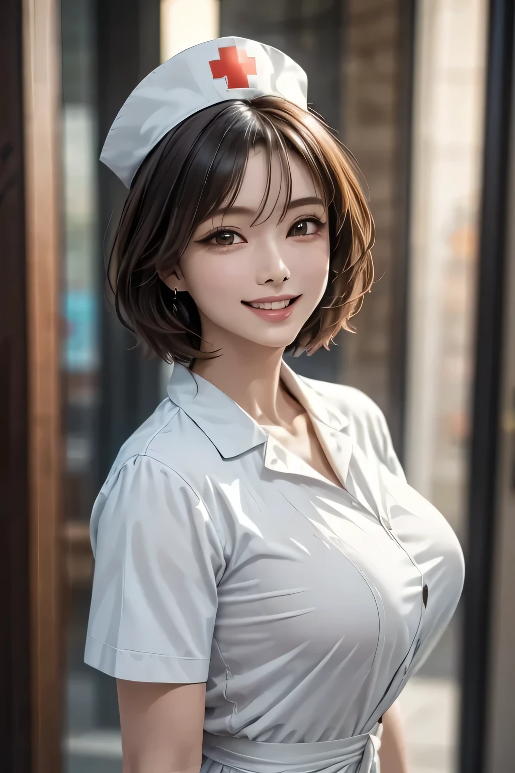 (masterpiece, Realistic, Highest quality, 8k), (1 female), mature, (blush), (Wearing a nurse cap and short nurse uniform), Pink Bob, Sticking out tongue, orgasm, Black PVC gloves, (Big and ample breasts), (background: hospital)