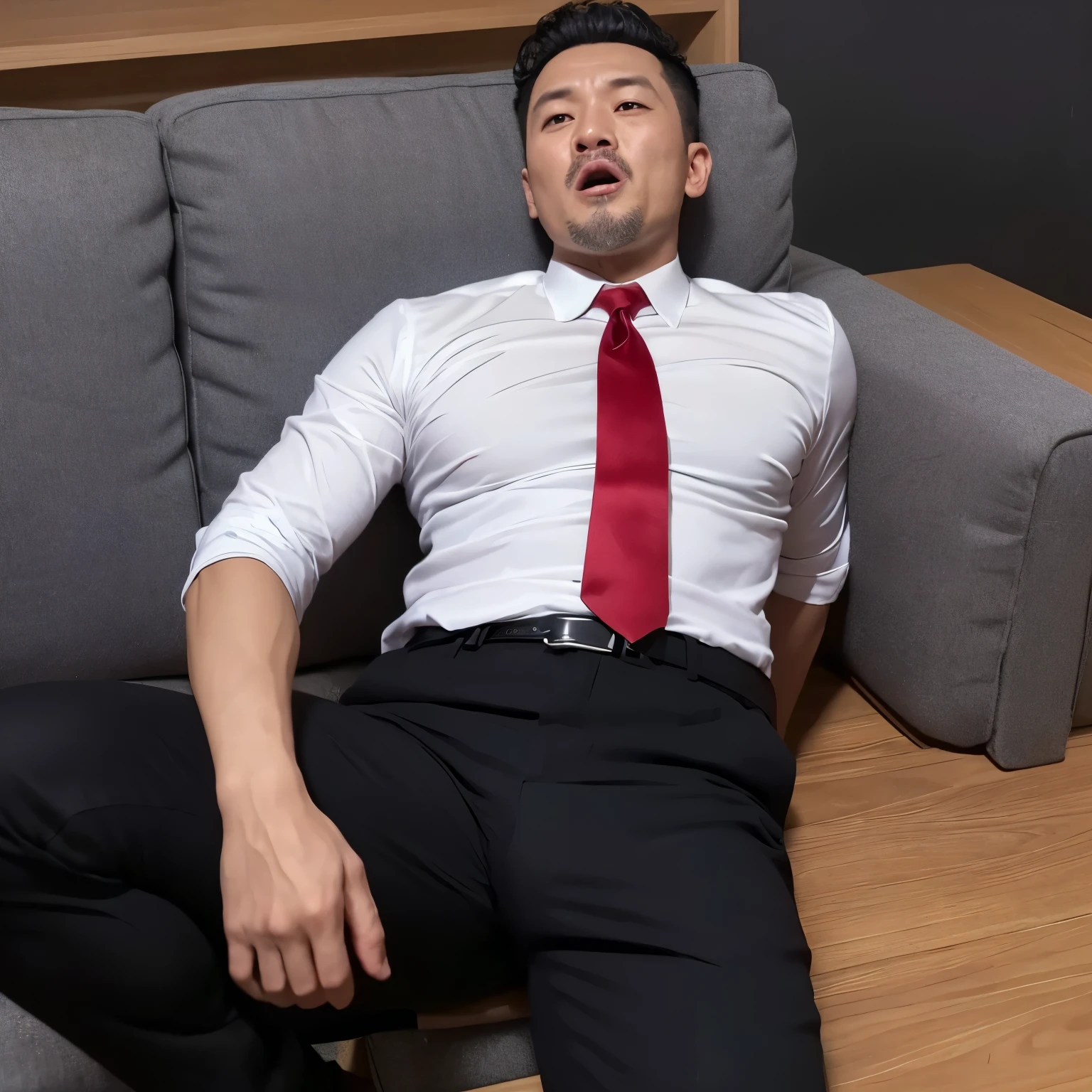 Drunk man with eyes closed and unconscious、Black suit、50 years old、Black Hair、Short Hair、Handsome、Asian Face、Spreading her legs、Socks are black