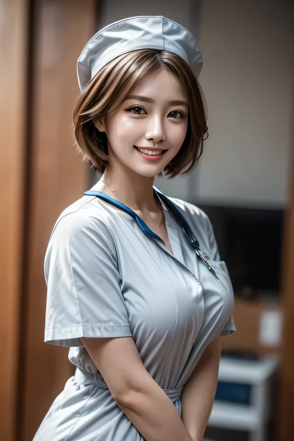 (Beautiful female 1 person), 40 years old, (Nurse cap and nurse uniform), Beautiful face, double eyelid, Long eyelashes, Grin, Beautiful teeth alignment, ((Big Breasts)), (Sexy pose), (Very tanned and shiny skin), (masterpiece, photoRealistic, Realistic, photoRealistic, Best Quality, Ultra-high resolution), (In the hospital), colorful, Daytime Settings, beautiful, masterpiece, Best Quality, Very detailedな顔, Perfect lighting, Ultra-high resolution, Very detailed, ((Cowboy Shot))