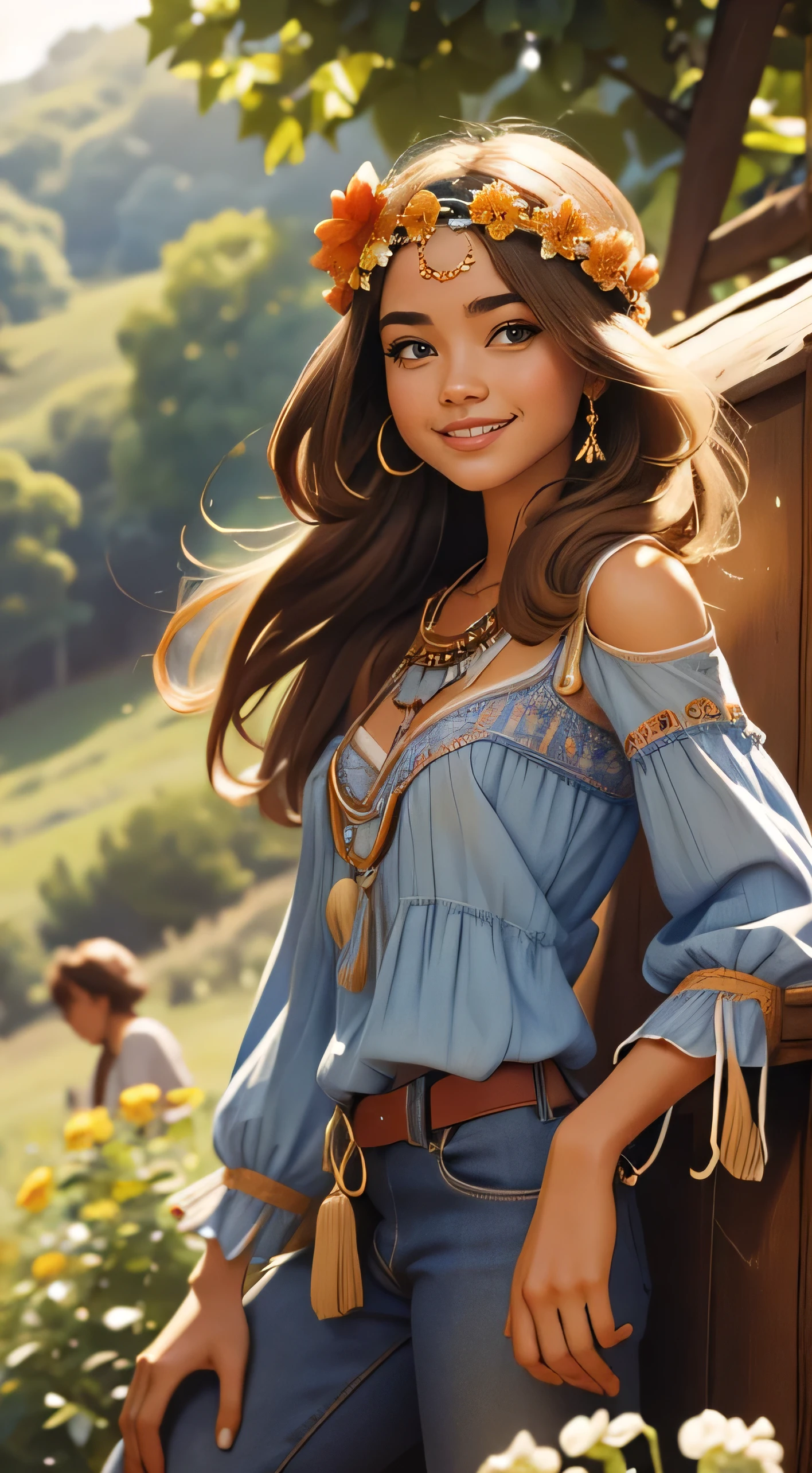 Foto hiperrealista en primer plano de Willa Fitzgerald, dressed in blue peasant blouse paired with bell-bottom jeans and fringe accessories. She wears a headband or flower crown in her long, flowing hair. The setting is a bohemian-inspired outdoor music festival or a peaceful nature backdrop, capturing the free-spirited and laid-back vibe of the era 60Retro69Punch75, beautiful woman, skinny, small breasts, straight brown hair, detailed face, smile, photo taken from a distance, age 20 tears old