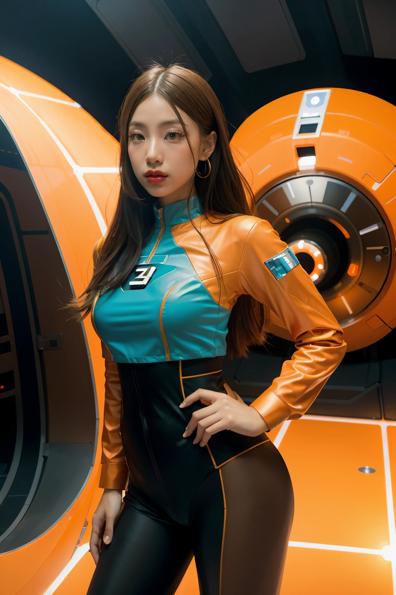 a woman in a futuristic suit with a spaceship in the background, movie art, in front of an orange background, inspired by Robert McGinnis, female protagonist, megastructure in the background, portrait of an AI astronaut, astronauts, an astronaut, portrait of a astronaut Skeletor, perfect android girl, ((Marvel's Fantastic Four suit)), (Retro Futuristic theme:1.3),