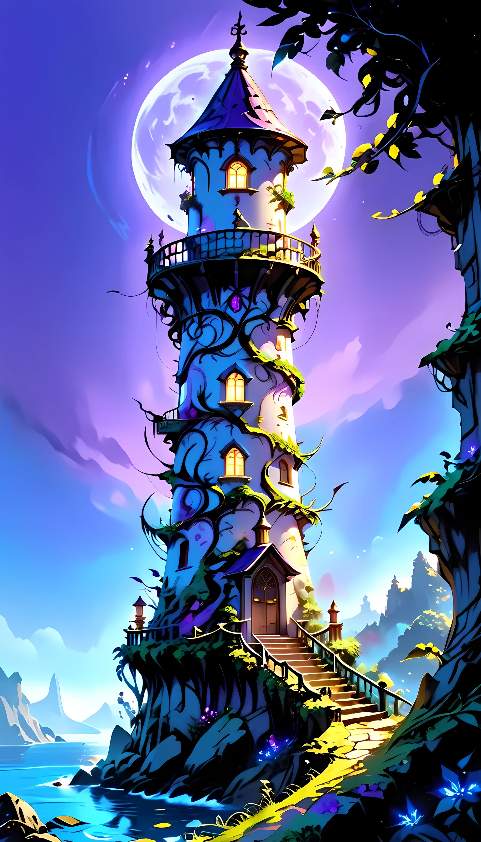 there is a magical lighthouse in built by the elves, it is standing in the sea part of the wall surrounding the city of elves, it is made by tree and has vines climbing its walls. Elven architecture, there are some magical runes on the lighthouse, the runes are blue and purple, the top of the lighthouse sends a beacon of light into the sea, its is sunset, the moon is rising and there are some stars, fantasy art, high fantasy art, magical art, mythp0rt, tattoo