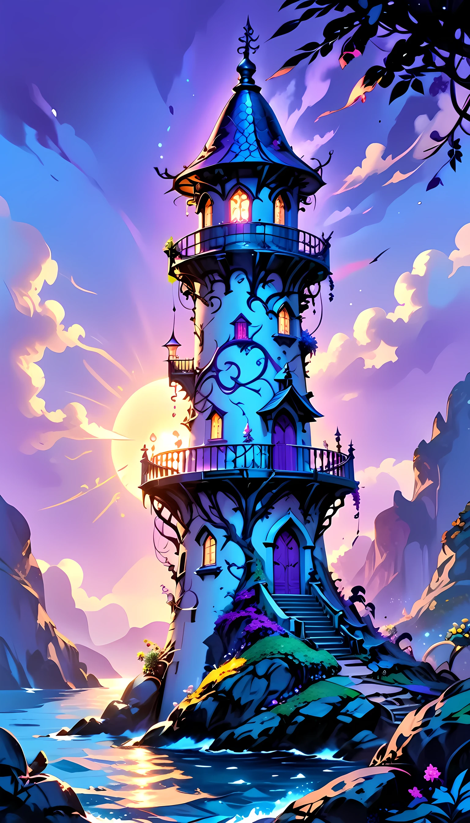 there is a magical lighthouse in built by the elves, it is standing in the sea part of the wall surrounding the city of elves, it is made by tree and has vines climbing its walls. Elven architecture, there are some magical runes on the lighthouse, the runes are blue and purple, the top of the lighthouse sends a beacon of light into the sea, its is sunset, the moon is rising and there are some stars, fantasy art, high fantasy art, magical art, mythp0rt, tattoo