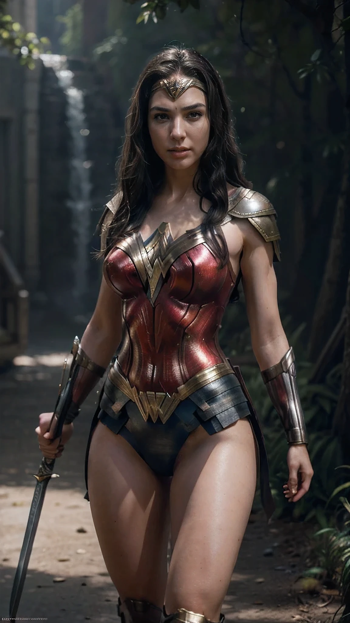 Best quality, masterpiece, ultra high res, (photorealistic:1.4), raw photo, 1girl, ((Wonder Woman)), (wet) leotard, red boots, Gal Gadot, bullet-repelled cuffs, (public outfit: 1.3), natural skin texture, slightly tanned skin tone, young, sexy, elastic muscles,  ((strong and healthy body)), best proportions four fingers and one thumb, long perfect legs, flexes, thick thighs, wide buttocks,  Thin legs, thin waist, smooth waist, (detailed skin), (shiny oiled skin), (beautiful and sexy woman), (swollen lips: 0.9), (eyelashes: 1.2), wet, very delicate muscles, realistic, ((strong and strong body)), (((big breasts: 1.3))) thin waist, (perfect big buttocks and wide buttocks: 1.2), (long legs: 1.2), ((cameltoe: 2.0)), (detailed skin), (shiny oiled skin), (beautiful sexy woman), realistic face, detailed face) [(strong and realistic blue eyes,  shiny black hair, lips, long hair, makeup] (1 woman), solo, (((semi nude))), shiny skin, dramatic lighting, full body, underground factory, knelt down, submissive, hands behind the back, determined face