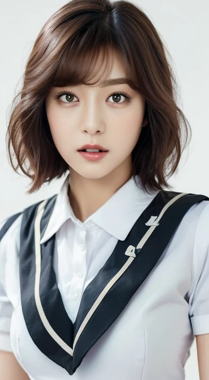 ((Best Quality, 8k, masterpiece: 1.3)), sharp: 1.2,  (Maid uniform:1.2), ((Bob Hair: 1.2)), (White background: 1.2), Highly detailed face and skin texture, Beautiful Eyes, double eyelid, Front view looking at camera, ,  cheek, baby face, lipstick, Korean Actress, Shen