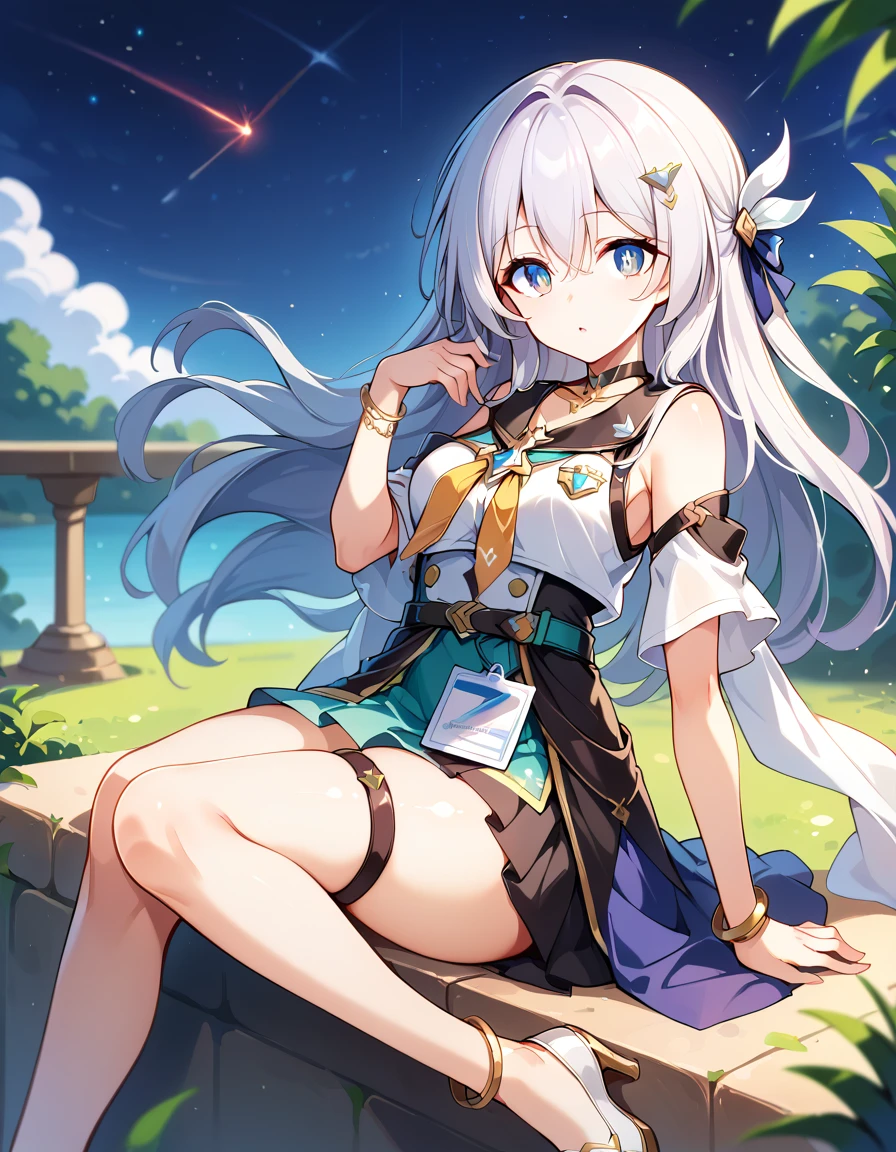 1girll, necklace, Long hair, full bodyesbian, Sitting, Gray_Hair, Dark blue hairpins, Guizhong_Genshin, default_Outfit, sleeves over wrists, 
grassy hill, Mountain Top, tree, Wind, Blue_sky, Cloud,, spooky ambiance, (Best quality:1.1), (Masterpiece:1.2), Highqualityshadow, Beautiful detailed, (highdetailskin, skin detailed), (Wide_landscape, 8K), Beautiful face, Detailed eyes, Depth of field, Dramaticlight, Best quality, A high resolution, Best shadow, Best illumination,