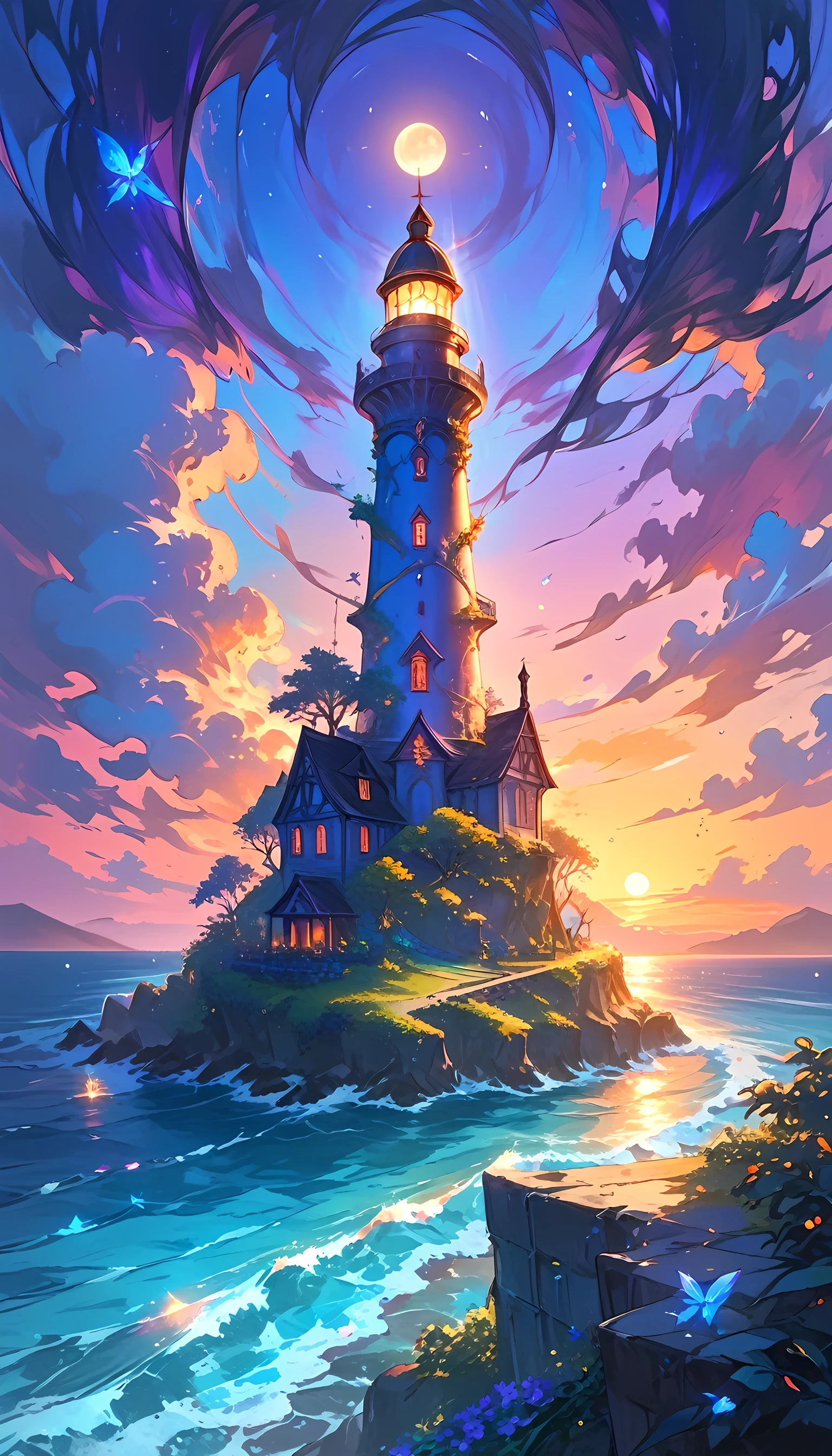 there is a magical lighthouse in built by the elves, it is standing in the sea part of the wall surrounding the city of elves, it is made by tree and has vines climbing its walls. Elven architecture, there are some magical runes on the lighthouse, the runes are blue and purple, the top of the lighthouse sends a beacon of light into the sea, its is sunset, the moon is rising and there are some stars, fantasy art, high fantasy art, magical art, mythp0rt, tattoo