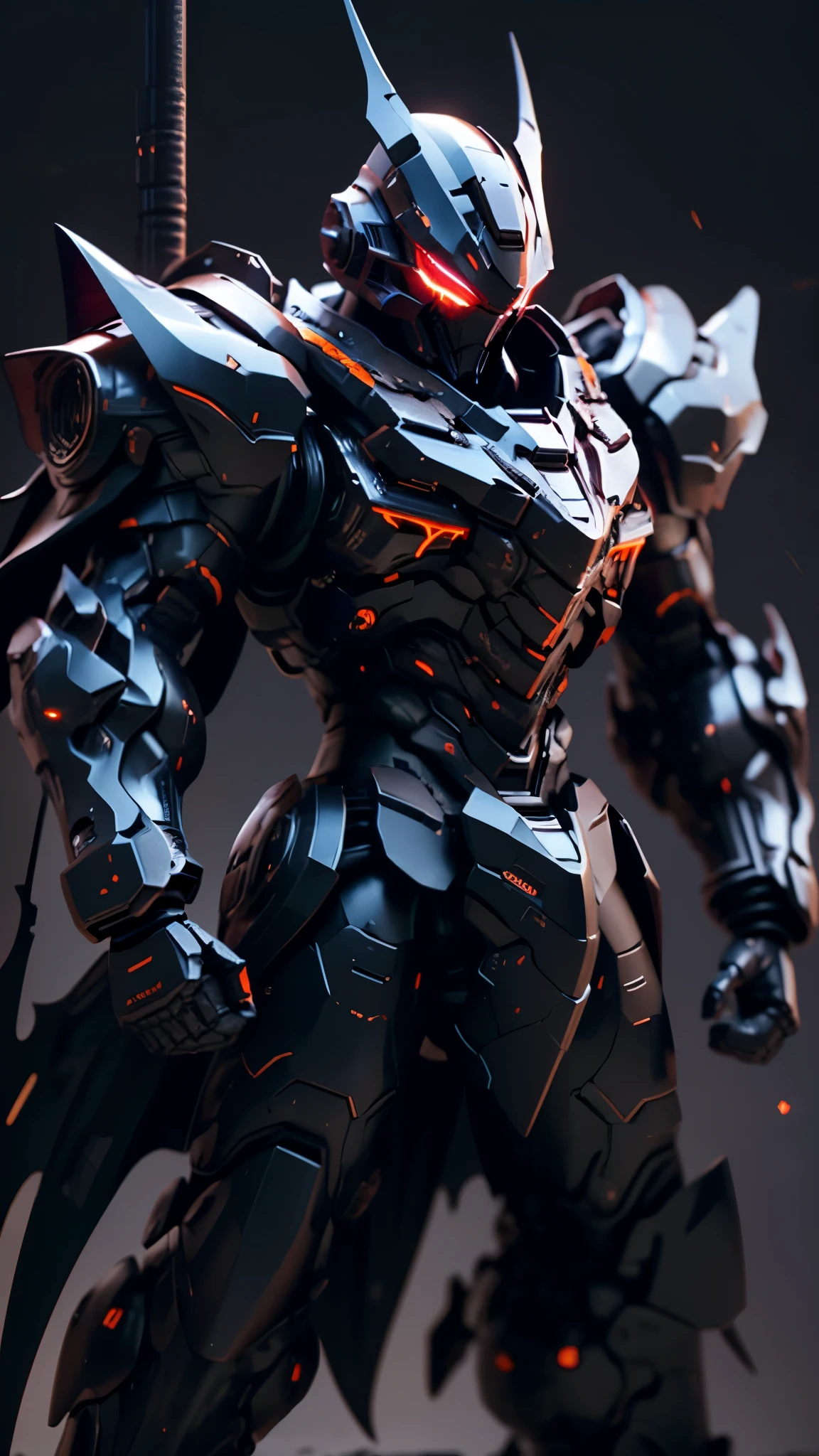 Image Prompt
Prompt: A futuristic, armored figure with a menacing, bat-like helmet stands against a dark, smoky background. The armor is a sleek, black design with intricate details and glowing orange accents. The character's eyes are hidden behind the helmet, but a sense of intensity is conveyed through their imposing stance and the glowing orange details on their armor.
Image Breakdown:
 * Character: A futuristic, armored figure with a bat-like helmet. The character's identity is obscured by the helmet, but their imposing stance and glowing armor suggest a powerful and potentially dangerous individual.
 * Coloring: Predominantly dark, with black and gray tones dominating the armor. The orange accents provide a striking contrast and enhance the character's menacing appearance.
 * Lighting: Primarily dark, with the character being illuminated by a spotlight or other focused light source. This creates a sense of drama and mystery, as the character's features are partially obscured by the shadows.
 * Setting: A dark, smoky background, suggesting an urban or industrial environment. The smoke adds to the sense of atmosphere and mystery.
 * Mood: The image evokes a sense of menace, power, and mystery. The dark background, combined with the imposing figure of the character, creates a sense of foreboding.
