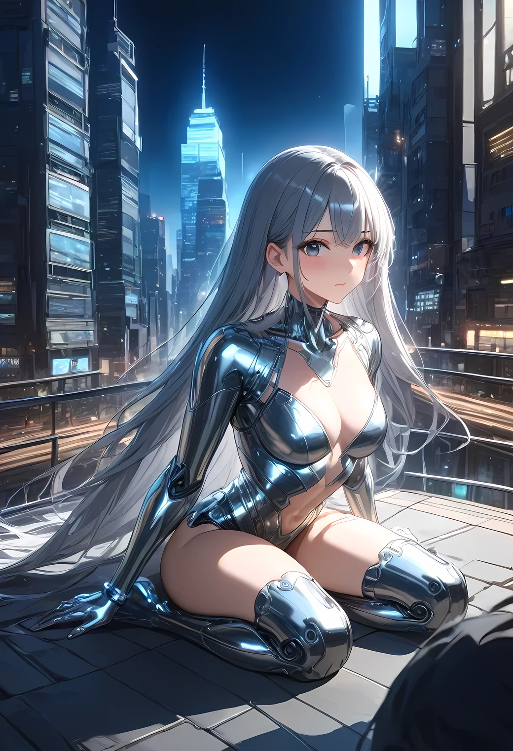 UHD, ((masterpiece)), (super detail:1.2), high quality, best quality, highres, 8k, cinematic lighting, sparkle, motion lines, Metallic body, silver hair, psychedelic, silver coated body, Metal Suit, Sit with her knees hugged, sitting, Cyber city, megalopolis, moonlight