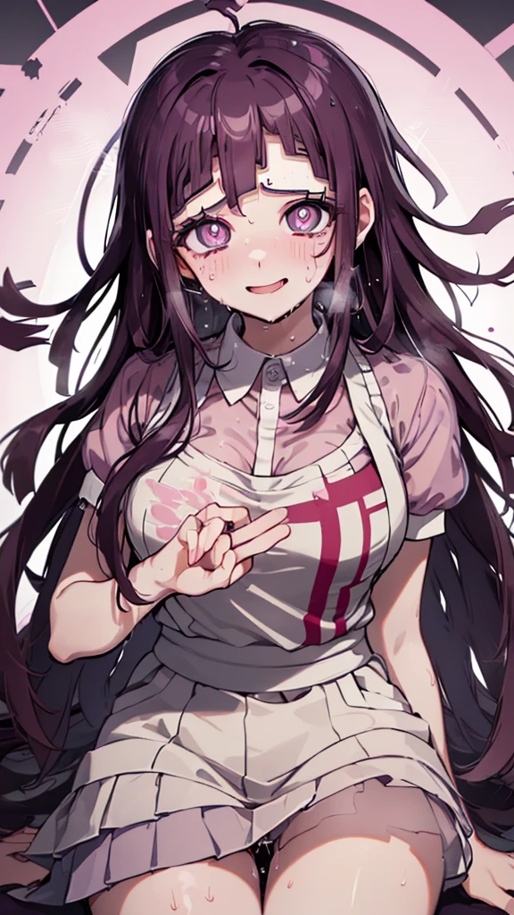 ((mikan tsumiki)),Long Hair,Purple Hair,(Purple eyes:1.3),bangs, blunt bangs,(Patsun),((in danganronpa styles:1.4)),break (wet and apron), bandageを巻かれた足,bandage,wet sky blue mini skirt,(wet and pink shirt),wet pleated skirt, puffy short sleeve,Puff sleeves,two-tone,wet pink shirt,break ((nsfw:1.5)),break ((sitting on the bed:1.2)),(dark bed room),((dark room)),Spread your arms,Sleeveless, (Place your arms behind your head),
break (masterpiece:1.1),(((High resolution:1.3))), Unity 8K Wallpapers,((Highly detailed face:1.2)),(Perfect hands, Perfect Anatomy),embraced,(whirlpool eyes:1.5),((vulgarity ahegao smile:1.5)),(messy hair:1.3),(big eyes:1.4),mental broken,(crazy smile:1.5),(evel grin:1.3),aroused,(ecstasy:1.5),hands own cheek,(((((extremely vulgarity:1.5))))),(disappear),((white heavy breathing:1.4)),(white thin steam:1.4),((bold seductive:1.4)),((Clothes see-through due to sweat:1.3)),(orgasm:1.4),(vulgarity face:1.4),(pupils facing upwards:1.4),(blush:1.4),(pussy juice:1.3),(peel the whites of the eyes:1.2),(pink glowing eyes),((pupils with many circles:1.5)),((drooling:1.4)),(open leg:1.4),((dynamic convulsions:1.4)),((white thin fog:1.3)),(Clothes are transparent:1.1),(wetting wear),(sweaty steam:1.4),((textile shading:1.2))