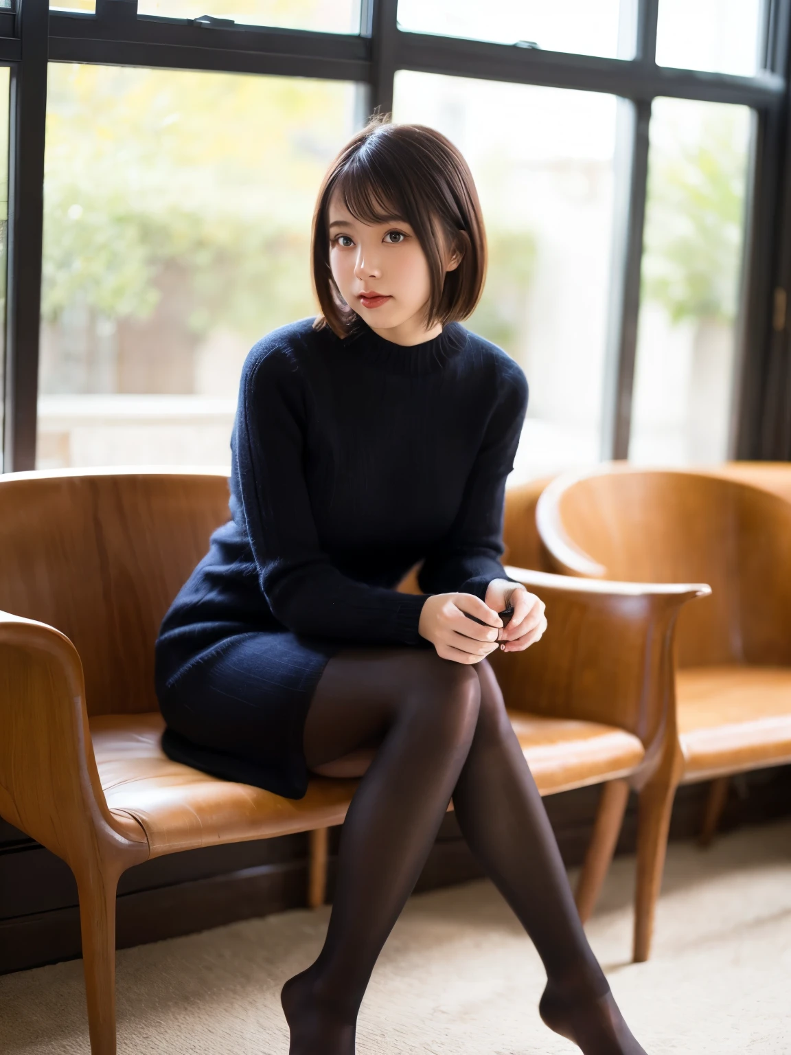 ulzzang-6500-v1.1, (RAW Photos:1.2), (Realistic Photo), Beautiful girl with attention to detail, (Realistic:1.4), Beautiful eye and face with High Detail, Beautiful eye with High Detail, Japanese , , (Ultra Realistic Pantyhose:1.2), No shoes, Sitting in a chair, (Ultra Realistic pantyhose:1. 2), No shoes, Toes, Sitting in a chair, Huge file sizes, High resolution, very detailed, Highest quality, [masterpiece:1. 6], figure, very detailed, Hmph, detailed, Highest quality, 8k wallpaper, Cinema Lighting, One Girl, 17 years old, Perfect figure, タレeyeかわいい, 大きく美しいeye, eye , (( masterpiece)), Highest quality, 1 Girl, Eyeshadow, ((Full Body Shot:1.4)),.