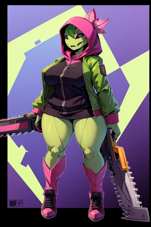 absurdity, High resolution, ultra detailed,
female floran,plus size jacket with hood,whole body,
Holding a mechanical chainsaw,