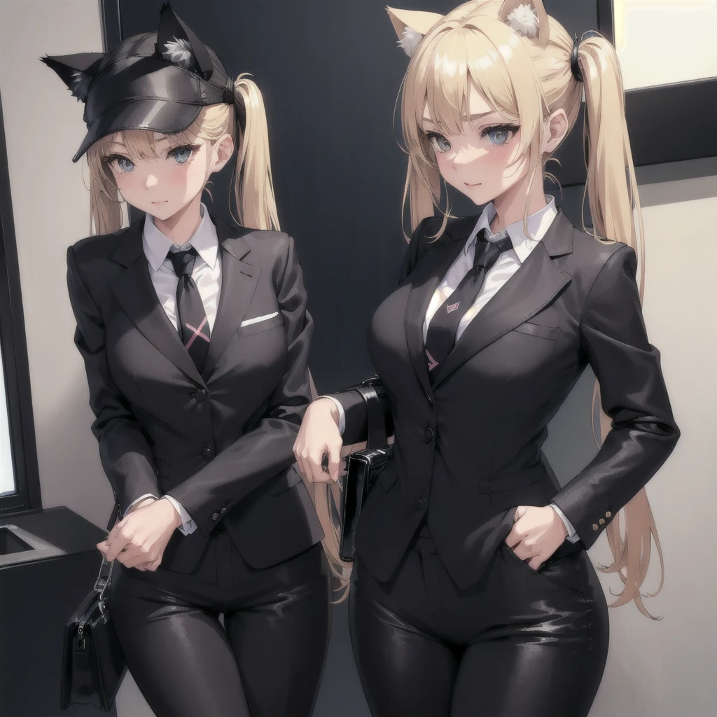 One girl,Cat ears,Blonde,Twin tails,Wear a business suit, Very shiny pants, tie, Dark grey satin ,At the office,boss,beautiful,,Leather Handbags,Fall,Look ahead,President&#39;s Office,Drink coffee