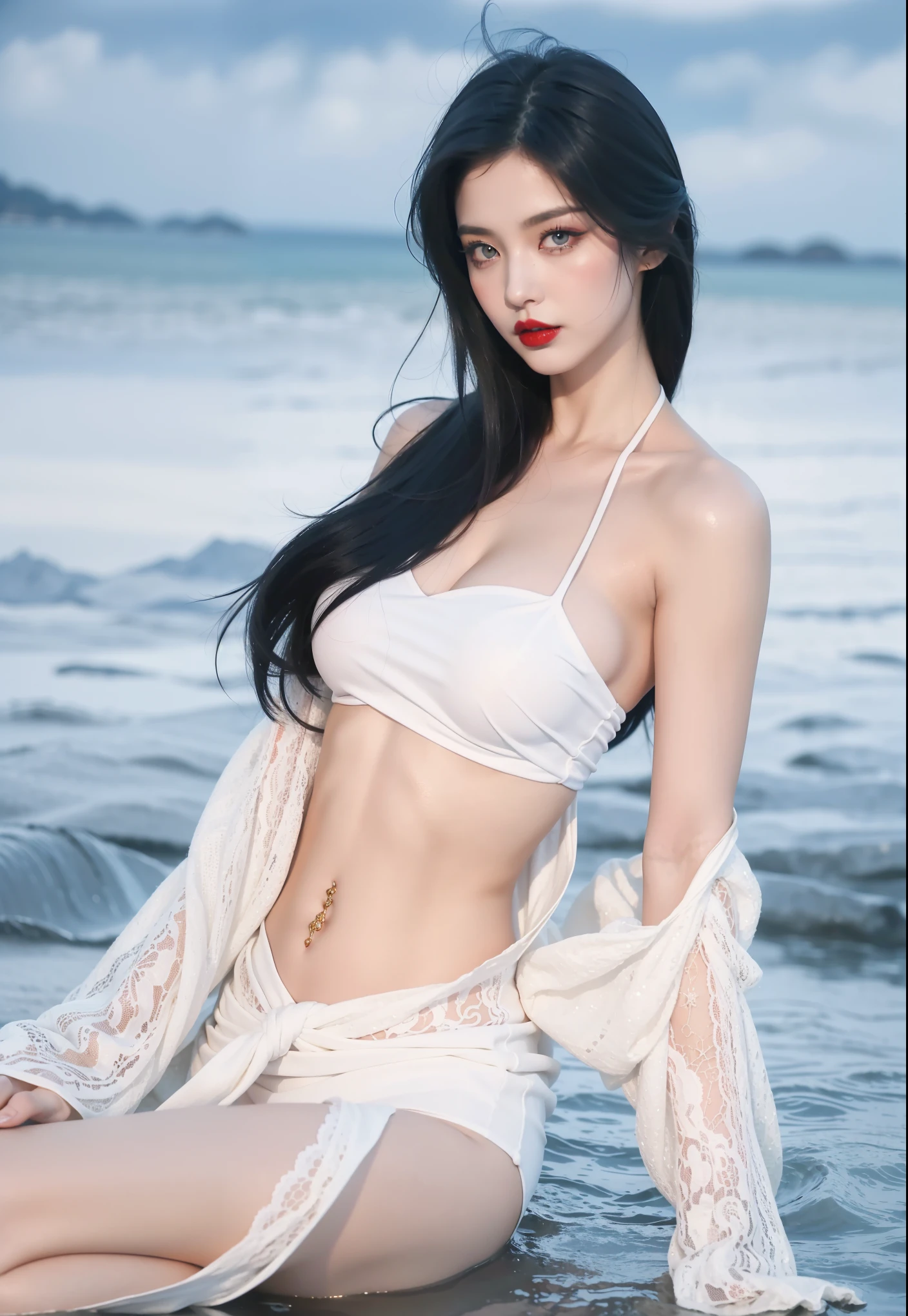 best quality, photorealistic, 8k, high res, ultra-detailed eyes, 1girl, full body shot, slim slender body, small breasts, standing at the beach, cinematic lighting, fully naked, eyes looking at the viewer, long black hair, photorealistic, Karina, hairy pussy