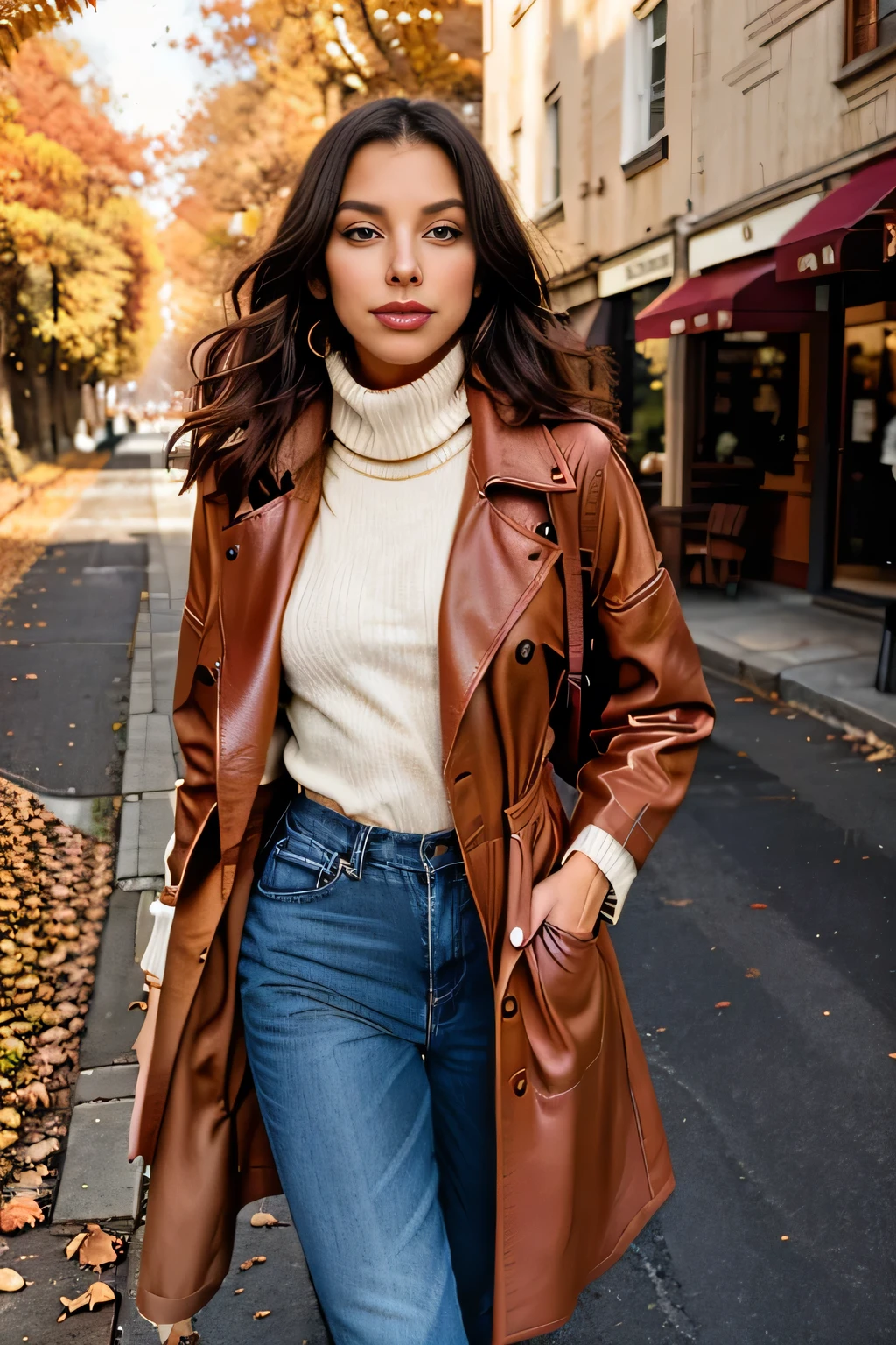 A woman stands on a street covered in colorful autumn leaves and wears a classic, beige trench coat, which falls loosely over a cozy turtleneck sweater in warm rust orange. She combines this with a slim-cut, dark blue jeans and ankle-high leather boots in a rich brown tone. To complete the look, she wears a scarf in muted autumn colors such as wine red and mustard yellow. In her hand she holds a brown leather shoulder bag, while the gentle autumn wind gently moves her hair. The scenery reflects the calm and cozy atmosphere of autumn.
