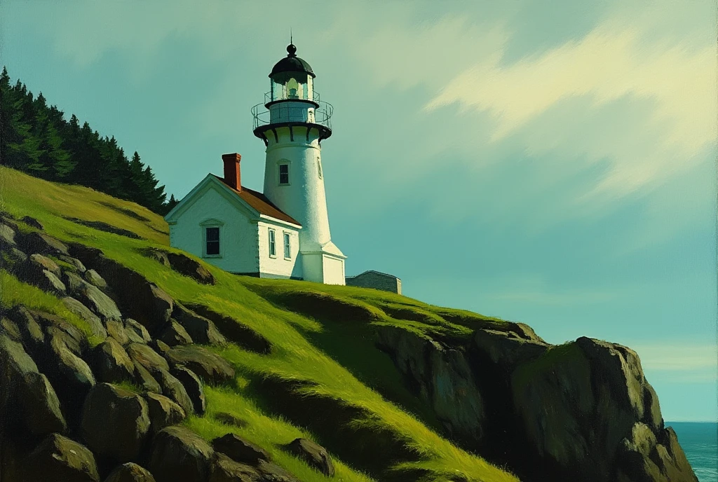 An EdwardH0pp3r style oil painting of an isolated white lighthouse on a steep hillside. A small geometrically irregular house is connected to the main tower, the focus is on the interplay of light and shadow from the tower and house on each other and the rocky green hillside.