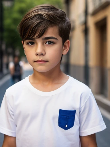 , image in 8k or higher of a boy,  Spanish boy ,short hair,  on the streets of Madrid, Spain with a shirt