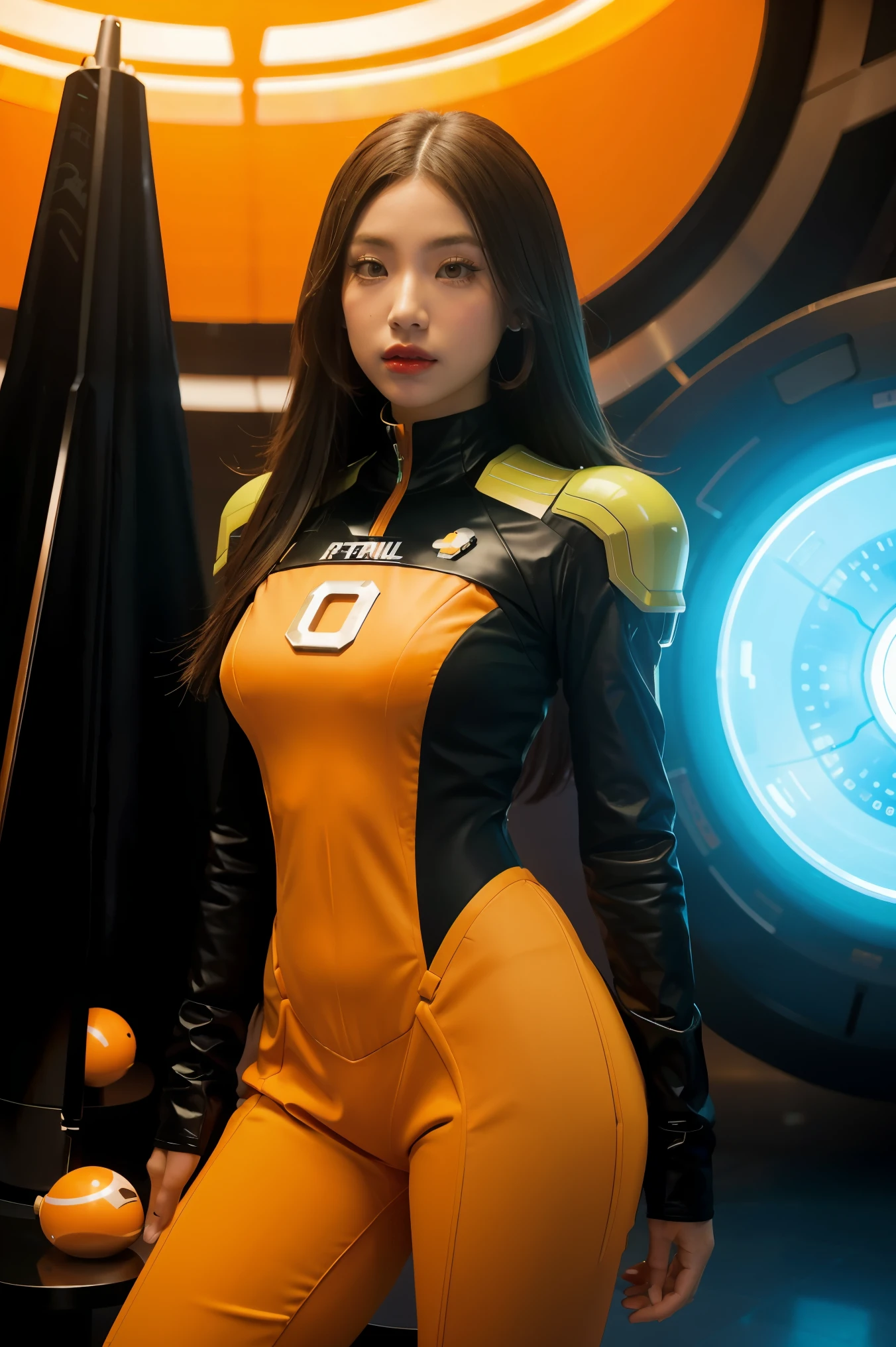 a woman in a futuristic suit with a spaceship in the background, movie art, in front of an orange background, inspired by Robert McGinnis, female protagonist, megastructure in the background, portrait of an AI astronaut, astronauts, an astronaut, portrait of a astronaut Skeletor, perfect android girl, ((Marvel's Fantastic Four suit)), (Retro Futuristic theme:1.3),