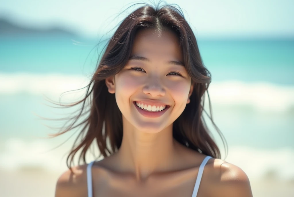 The face of the hostess、White bra、White panty、beauty legs、hiquality、A hyper-realistic、healthy、Smiling expression、Slender perfect figure、Japan Beauty、 perfect eyes、Beautiful skin、enticing、White sandy beach