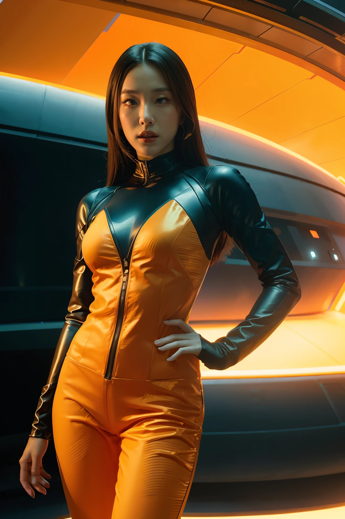 a woman in a futuristic suit with a spaceship in the background, movie art, in front of an orange background, inspired by Robert McGinnis, female protagonist, megastructure in the background, portrait of an AI astronaut, astronauts, an astronaut, portrait of a astronaut Skeletor, perfect android girl, ((Marvel's Fantastic Four suit)), (Retro Futuristic theme:1.3),