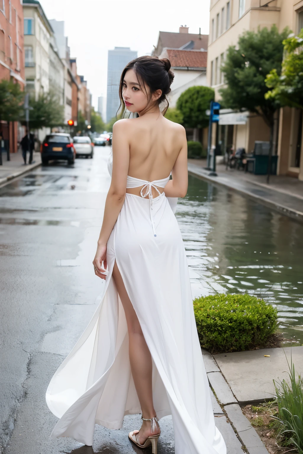 8k, Tabletop, RAW Photos, Highest quality, Realistic, Highly detailed CG Unity 8k wallpaper, Written boundary depth, Cinematic Light, Lens flare, Ray Tracing, (Very beautiful face, Beautiful Lips, Beautiful Eyes), Exquisitely detailed face, (Highly detailed skin) 1 girl, Rear View,Side Shot, Deep Shadow, Cute Korean Girl, (K-POPアイドル), 1 girl, (Very slim slender fit-muscled body:1.3), (View your viewers)), (Smiling with white teeth:1.3), (Full body photo showing feet), (Fashion Street), ((No passers-by in the background)), Earrings, bracelet, necklace, Clear Eyes, walk, (Pale skin), (Big eyes), (Brown Hair), (Red belly dance dress costume), (View your viewers:1.3) (,), Very slim, Large Breasts, Medium Butt,Full body photo showing up to the toes,