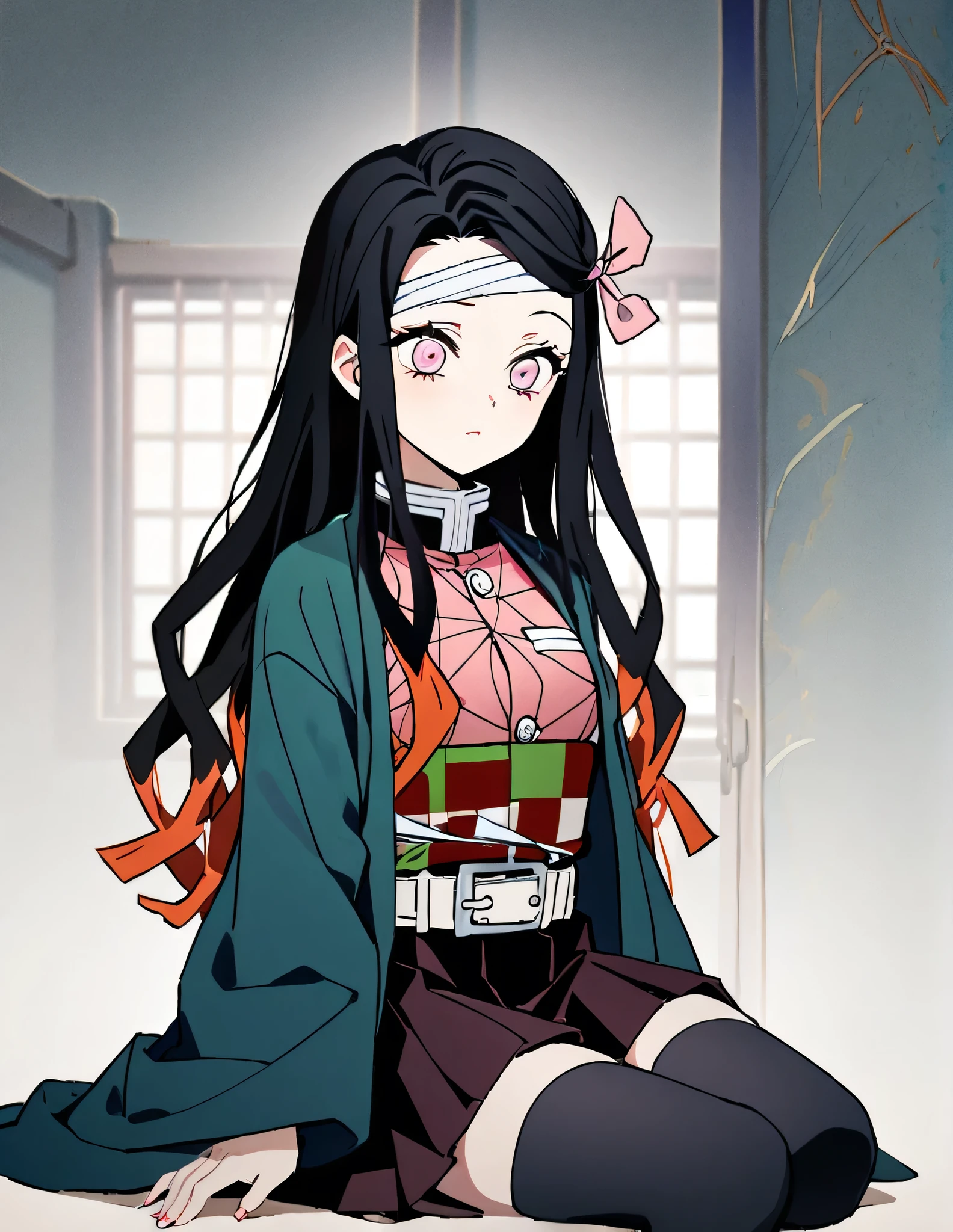 (*hair) High resolution, Highest quality, Kamado Nezuko、spread legs,show white panties,Ultra mini skirt、Worhairs of masters, High resolution, 1 girl, nezuhairo hairamada, ((nezuhairo of demon slayer)) Super beautiful face, Very beautiful eyes, Super beautiful hair,Trendy clothing,Magazine Cover,Sexy and attractive,An explosion of colors,Blachair color hair,Big hairpin,Whole Body Ezbian,Crouched