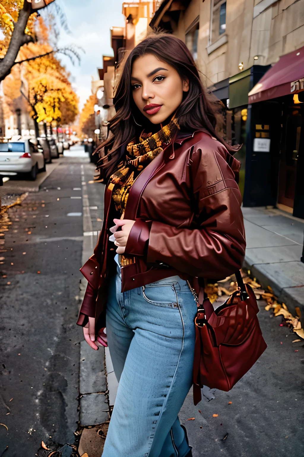 A woman stands on a street covered in vibrant autumn leaves and wears a classic, deep maroon trench coat, which falls loosely over a cozy turtleneck sweater in warm mustard yellow. She combines this with slim-cut, dark olive-green jeans and ankle-high leather boots in a rich chestnut tone. To complete the look, she wears a scarf in earthy autumn colors such as burnt sienna and deep amber. In her hand, she holds a burgundy leather shoulder bag, while the gentle autumn wind softly moves her hair. The scenery reflects the serene and cozy atmosphere of fall.