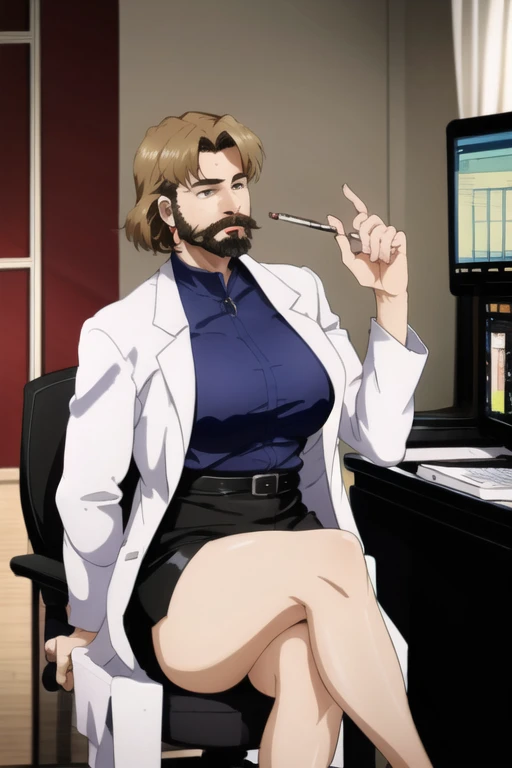 fake mustache, big mustache, mustache,large mustache,  thick beard, big beard, long beard, solo, office chair, desk, computer, coffee mug, short hair, large lips, bangs, blonde hair, brown eyes, blue shirt, huge cleavege, huge breasts, labcoat, pencil skirt, earrings, high heels, mole under eye, makeup, lipstick, red lips, legs crossed, thick legs, leaning over, holding cigarette 