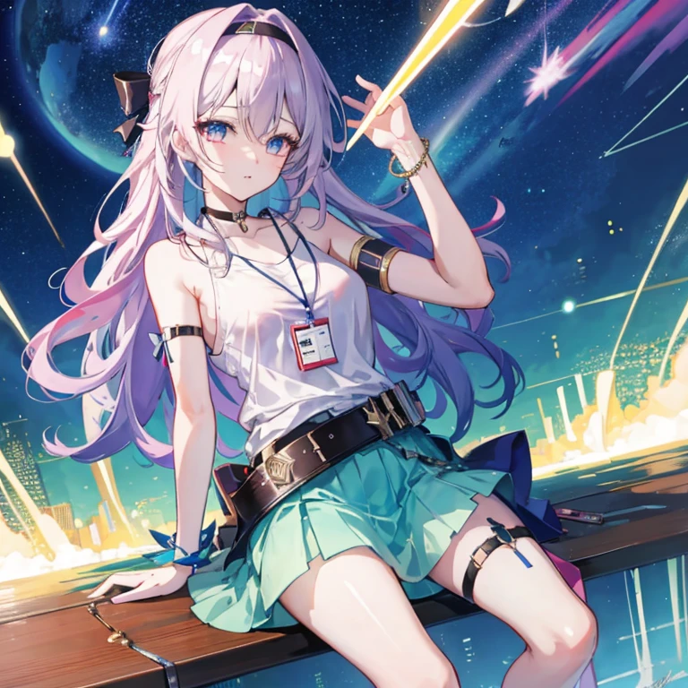 1 Girl, this \(Collapse: Star Trails\), Detachable sleeves, High heel, High waist skirt, Sleeveless shirt, ID card, Outer Skirt, Anklets, Thigh strap, bracelet, Hairpin, belt, Neck bow, choker necklace, Starry Sky, Sitting, Yokozuwari, look up, meteor, outdoor, Depth of Field, (Extremely detailed CG unity 8k wallpaper,masterpiece, Best quality, Ultra detailed, Beautiful and delicate eyes:1.2)