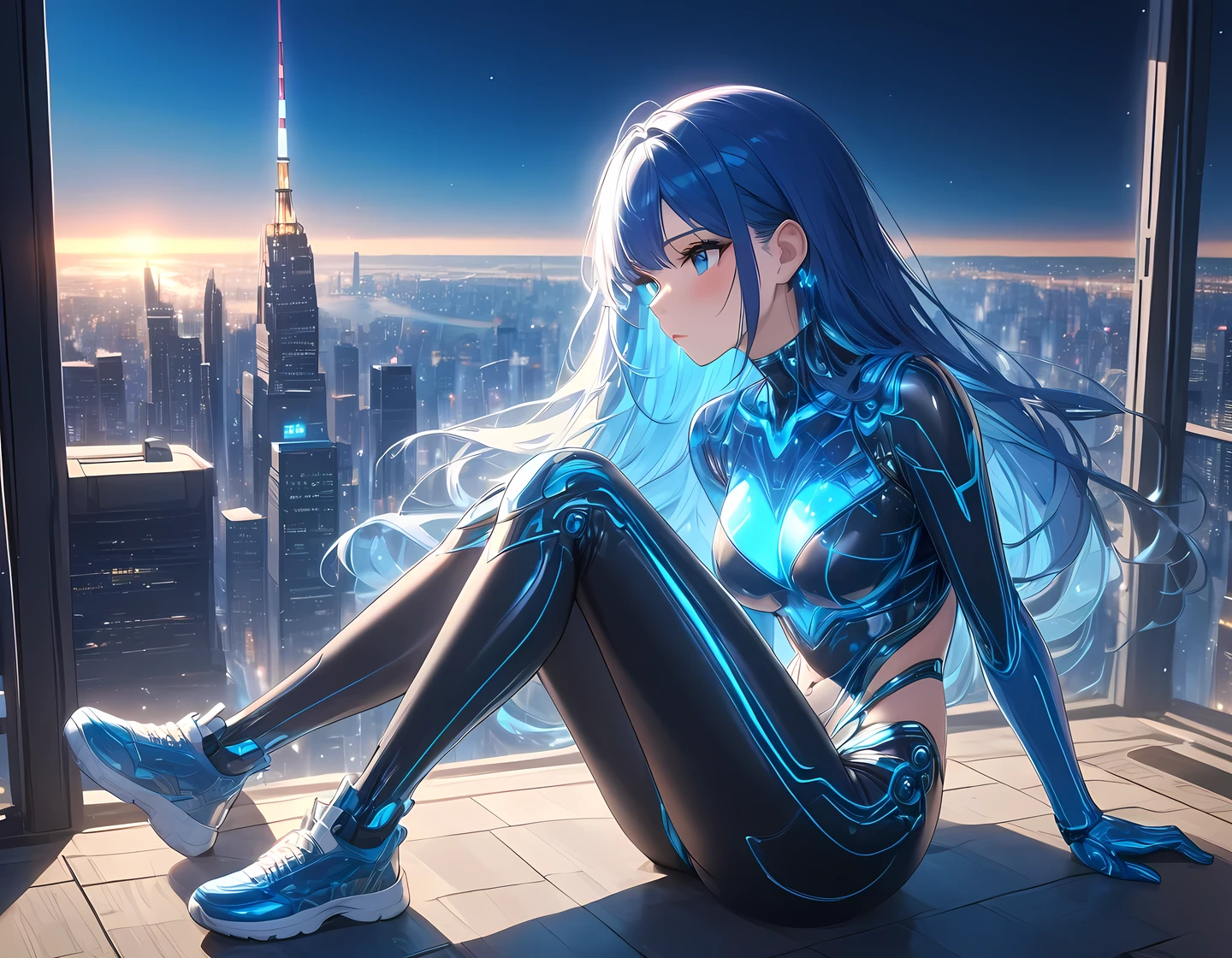 UHD, ((masterpiece)), (super detail:1.2), high quality, best quality, highres, 8k, cinematic lighting, sparkle, motion lines, Metallic body, blue hair, psychedelic, blue coated body, blue Metal Suit, Sit with her knees hugged, sitting, Cyber ​​city, megalopolis, moonlight