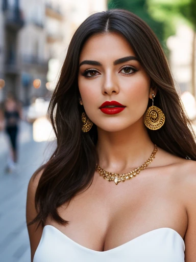 Generate a high-quality image of a confident white businesswoman with long dark brown wavy hair, fuller body, large breasts, elegantly dressed in comfortable black clothing, wearing necklaces, earrings, rings and red lipstick that enhances her beauty, with makeup on her face and black eyeliner on her eyes. The woman exudes professionalism and self-confidence. Capture the intricate details of her costume and her poised expression. The setting should be different and beautiful places. Seek inspiration from the work of photographers known for their corporate and professional images.”