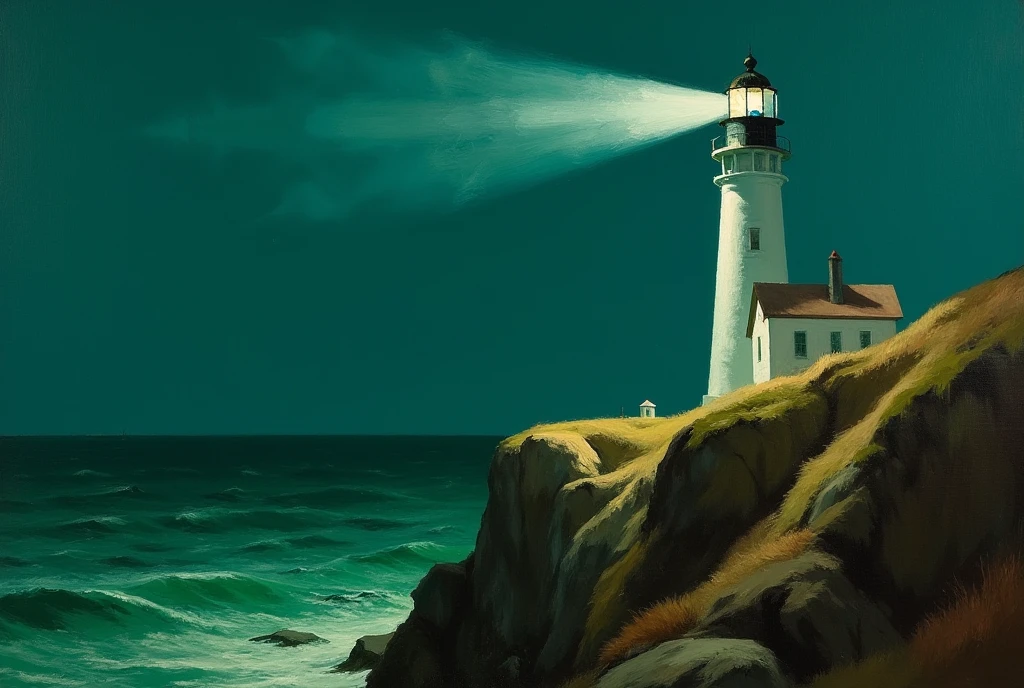 An EdwardH0pp3r style oil painting of an isolated white lighthouse on a steep hillside at night. The lighthouse casts a long beam of light out on to the night ocean. A small geometrically irregular house is connected to the main tower, the focus is on the interplay of light and shadow from the tower and house on each other and the rocky green hillside.