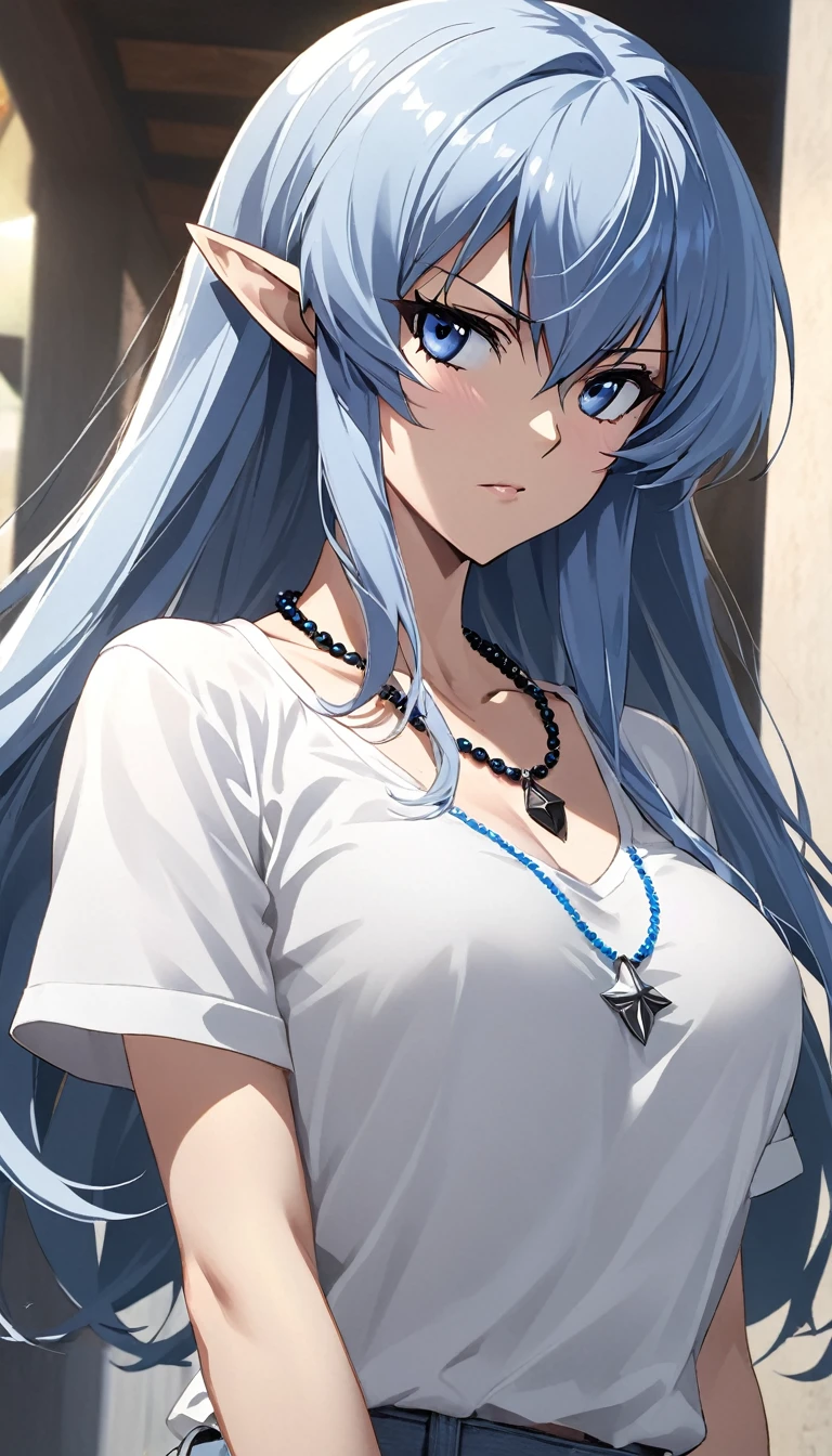 (Akame ga Kill　Esdeath:1.3)Pointy Ears, Anime Style, masterpiece, Accurate, Textured Skin, High image quality, Best Quality, High resolution, Attention to detail, Super detailed, Elf, Gorgeous adult woman, Long neck, Long Blue Hair, bangs, Perfect Eyes, Clevis, Soft light, High image quality, 4K resolution, Casual clothing, Beaded Necklaces