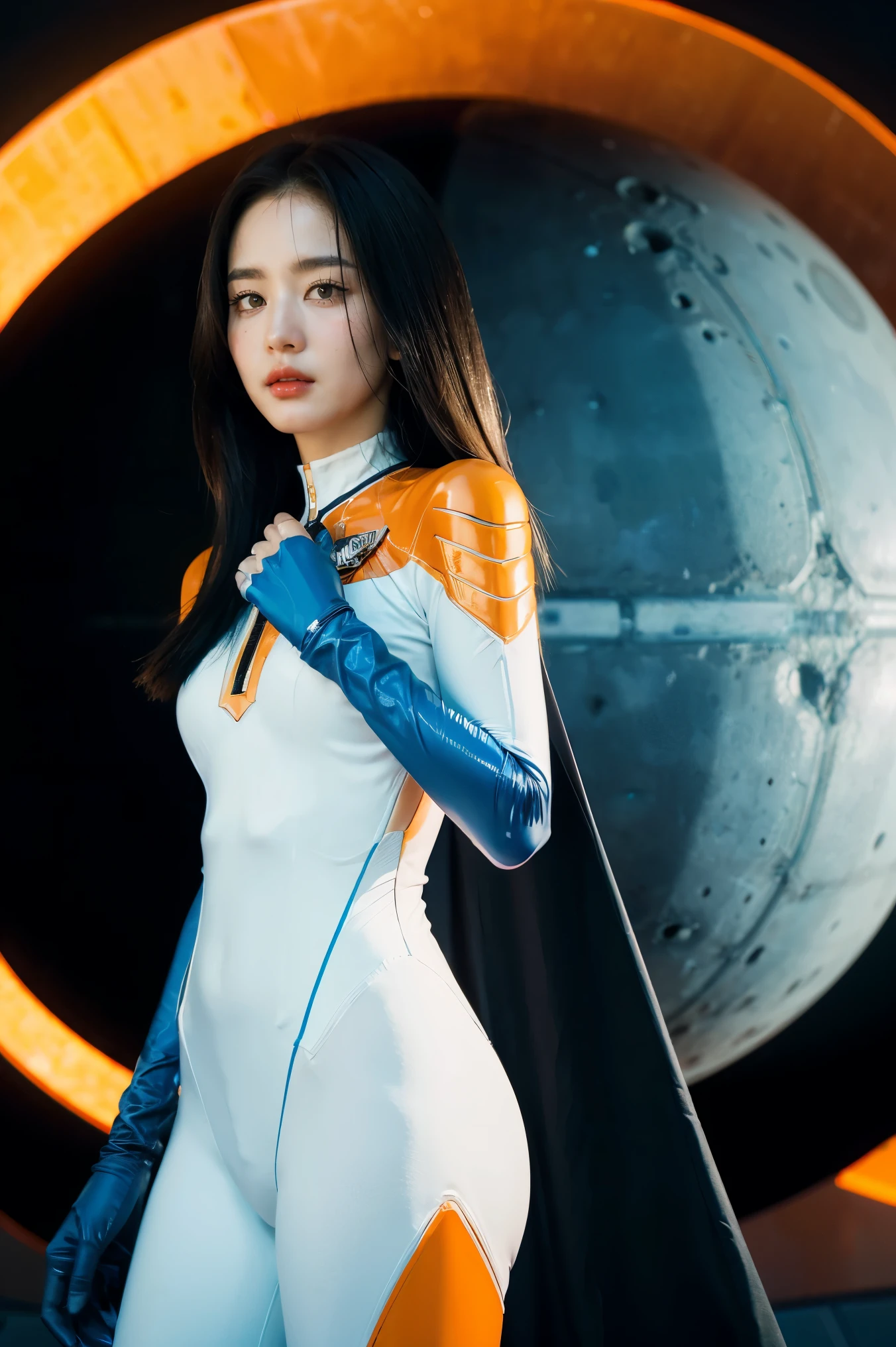 a woman in a futuristic suit with a spaceship in the background, movie art, in front of an orange background, inspired by Robert McGinnis, female protagonist, megastructure in the background, portrait of an AI astronaut, astronauts, an astronaut, portrait of a astronaut Skeletor, perfect android girl, ((Marvel's Fantastic Four suit)), (Retro Futuristic theme:1.3), blue and white suit, black gloves,