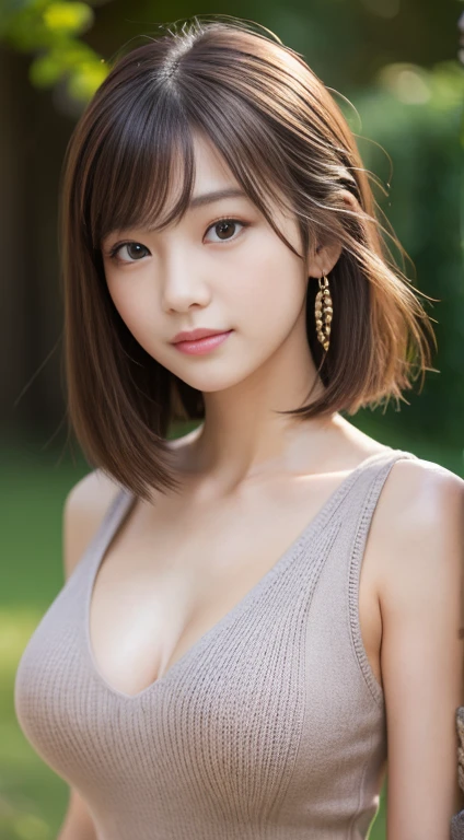 An innocent 20-year-old girl、((Rough T-shirt,Sexy pose)),笑face,short hair,Park Background、RAW Photos, (8k、highest quality、masterpiece:1.2)、(Intricate details:1.4)、(Photorealistic:1.4)、Octane Rendering、Very detailed complex 3D rendering, Soft natural light, Crisp details, Very detailed, Realistic skin texture, face, Beautiful details in the eyes, Very detailed CG Unity 16k wallpaper, Compensate, (Detailed Background:1.2), Shiny skin, whole body、From head to thighs、Cleavage,